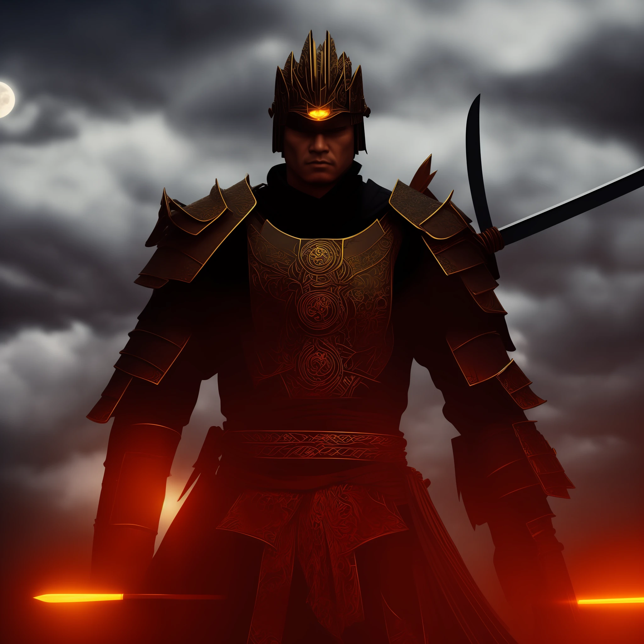 Samurai Boss armor red tank. 3 katanas, one red light katana. Red moon... dark night darkness clouds 4k --auto