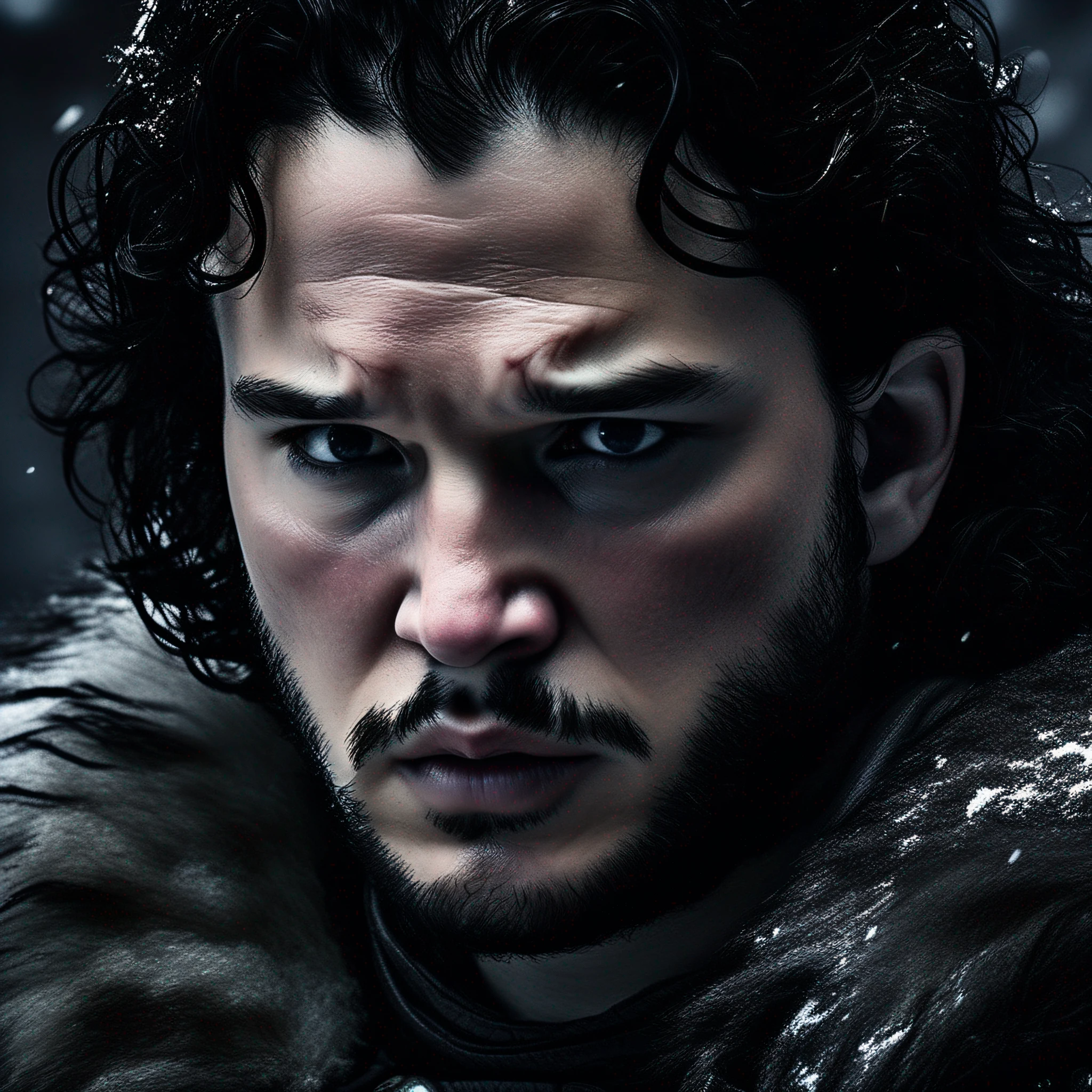 Jon Snow, average height, imposing and striking presence, black hair and ruffled, serious and determined face, deep and intense eyes of a dark tone, reveal the wisdom and sadness that he carries with him, With an austere expression, Jon possesses angular features, a strong jaw and firm lips, His skin is pale, with some discreet scars that tell stories of battles, He exudes an air of courage and resilience, Dressed in simple and functional clothing, Jon conveys an air of nobility and simplicity, His black Night's Watch robe, adorned with the organization's emblem, represents his commitment to duty and honor.