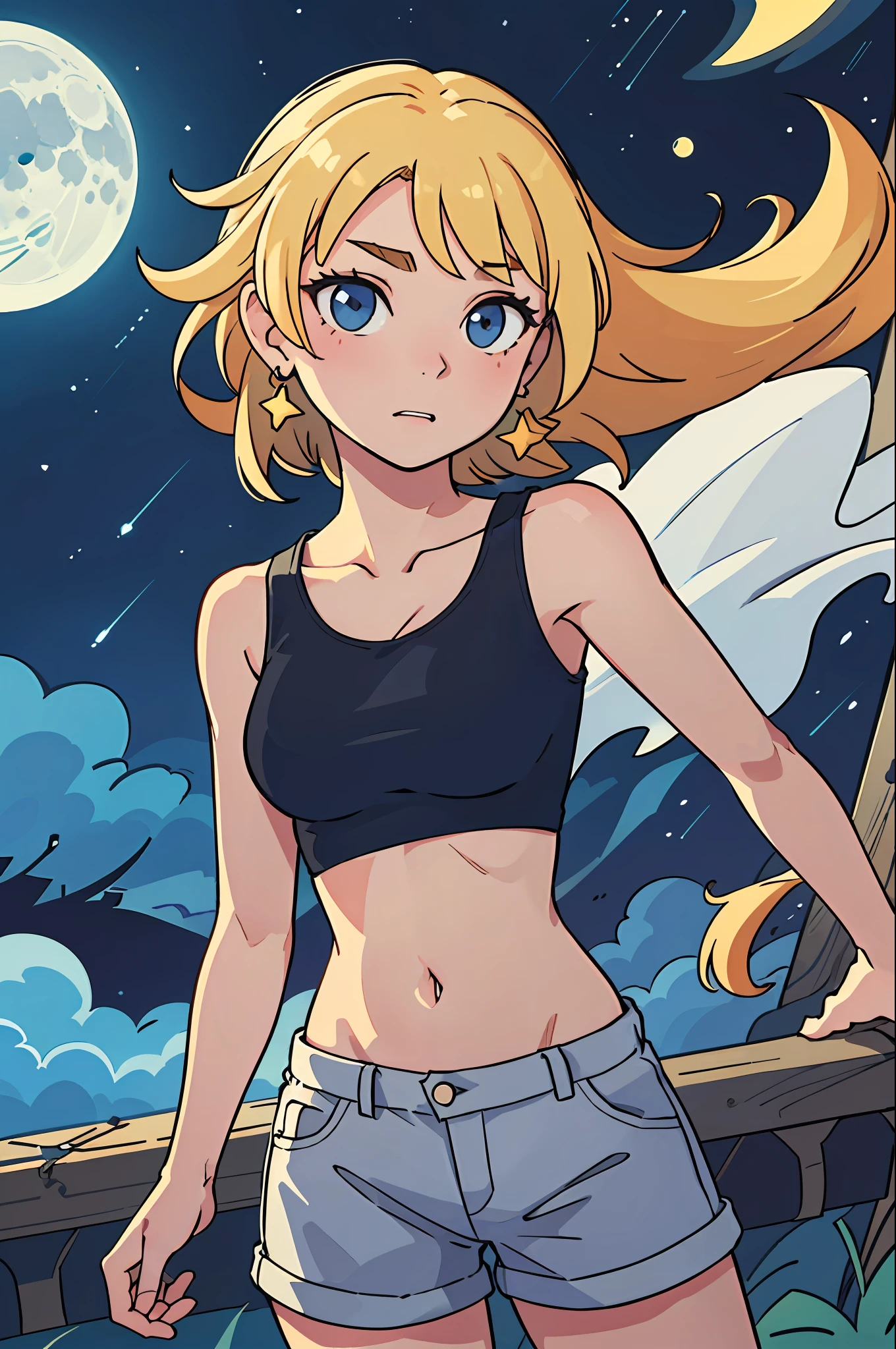 (best-quality:0.8), (best-quality:0.8), perfect anime illustration of a Contemporary Misshapen portly Contemporary [Valkyrie|Tifa Lockhart] surrounded by moon earrings, wearing [[Cargo shorts and tank top:V-neck top:14]|Shorts and Blouse], [Spellbinding|Absurd] Gorgeous blonde hair, Matte earrings, Grunge, from inside a mysterious paradise, Stars in the sky, tilt shift, Detailed illustration, Light, Mannerist art, Direct light, Depth of field 100mm, Single color, beautiful fluorescent moonlight, sfumato, absurds, trend in artstation, short blonde hair, short blonde hair