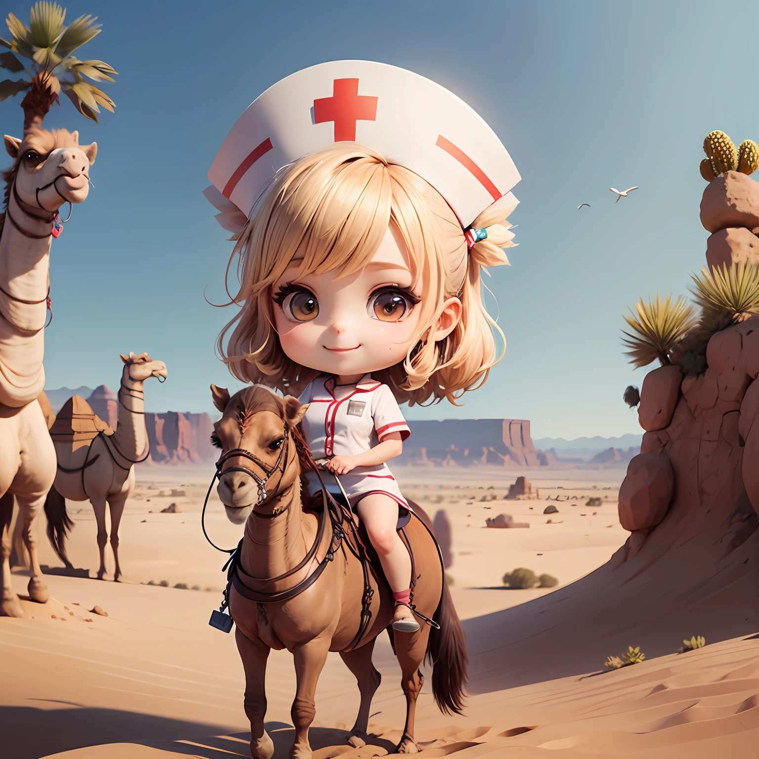 Masterpiece, top quality, super detailed, daughter, chibi character, nurse uniform, smile, mouth open, bohemian hair, desert, nature, straddle the back of a big camel with long legs, holding the reins, sideways posture, small nurse cap, pretty view, distant angle