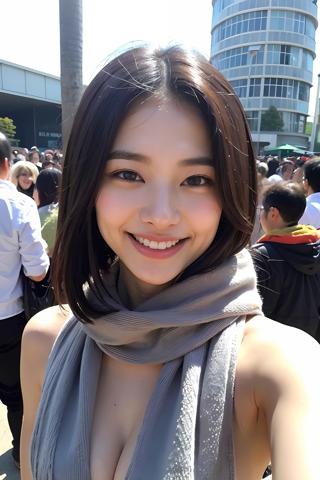 masterpiece, best quality, photorealistic ,portrait of girl, Japan person, smiling, naked with scarf only, in front of crowd