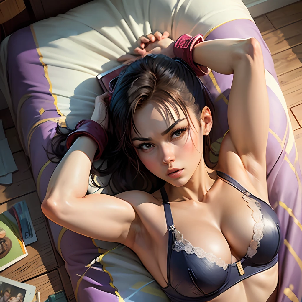 Street fighter chunli, Masterpiece, highest quality, high resolution, solo, large breasts, indoors, unkempt bra, side tie thong, lying down, from above, open arms, Both thighs are exaggerated, lascivious, bed, shaggy underwear, heavy breathing, sexual expression --auto --s2