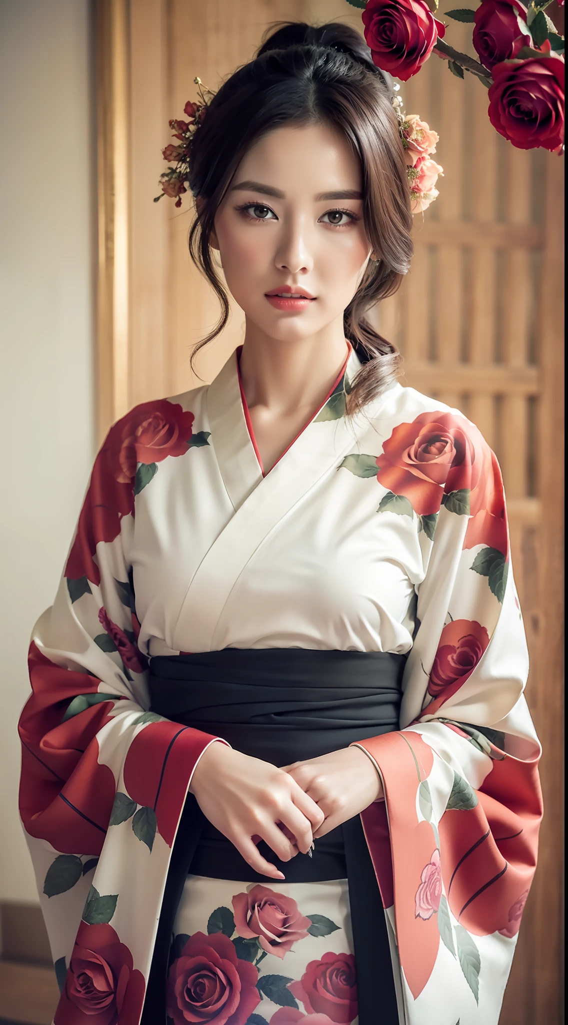 (kimono made of real roses, lots of roses), contemporary art, intricate design, top quality, 8k, masterpiece: 1.3, clear focus: 1.2, beautiful woman with perfect figure: 1.4, highly detailed face and skin texture, detailed eyes, lips