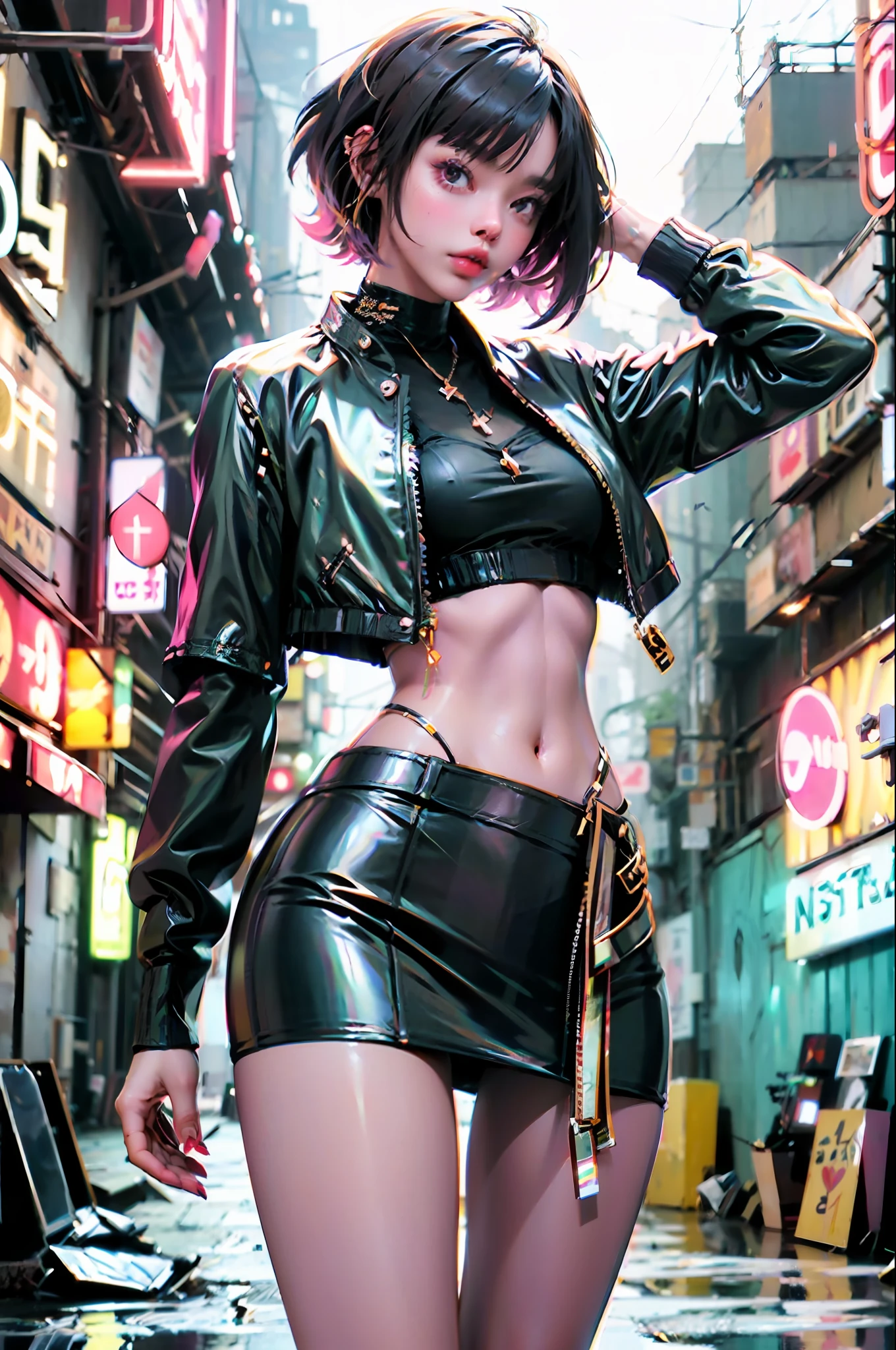 cyber style girl, 1girl, solo, short hair, blurred background, black leather jacket, short latex skirt, thin abdomen,
Graceful balance, refined seduction,
a single female figure, astonishing level of detail, thick thighs, impressive perspective, a gracefully balanced work, inspired by brutalist architecture, neutral and dark color palette, undertones, outdoors,