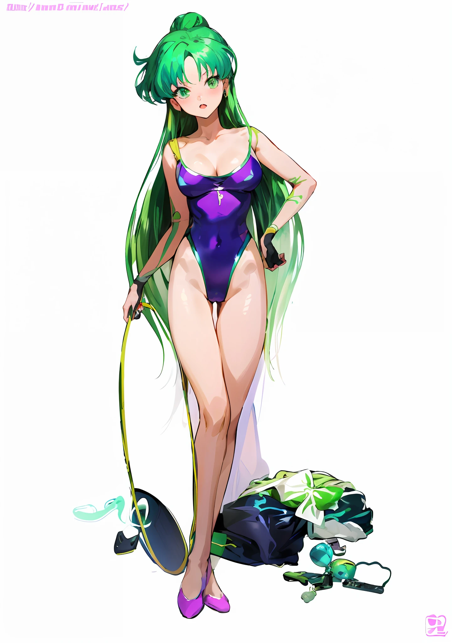 Anime girl with green hair and purple leotard, seductive anime girl, full body art of anime woman, ecchi anime style、!! Full body portrait!, Zodiac girl knight, anime style, beautiful charming anime woman, beautiful charming anime , outfit: leotard