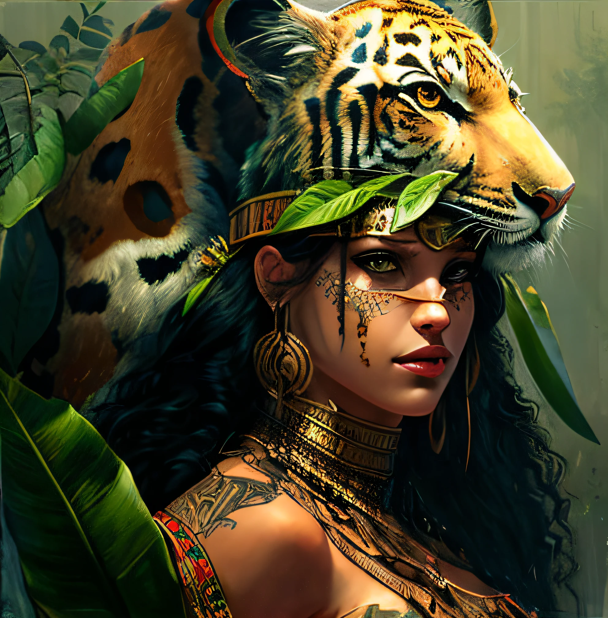 a close up of a woman with a tiger on her head, stunning digital illustration, fantasy art behance, aztec princess portrait, karol bak uhd, fantasy concept art portrait, fantasy portrait art, detailed painting 4 k, deviantart artstation cgscosiety, beautiful digital artwork, alena aenami and artgerm, amazon warrior, amazonian