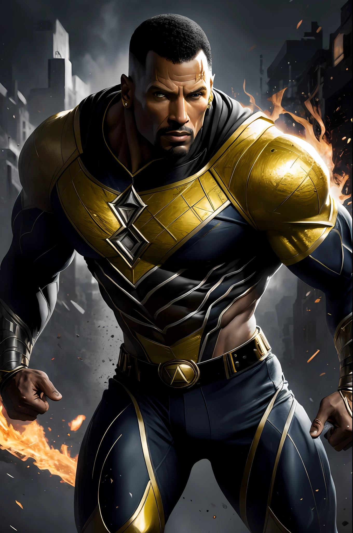 (16k, RAW photo, best quality, masterpiece: 1.2), ultra-detailed, formal art, photorealism: 1.37, upper body photo, (Dwayne Jhonson)Black Adam, film grain, action pose,details