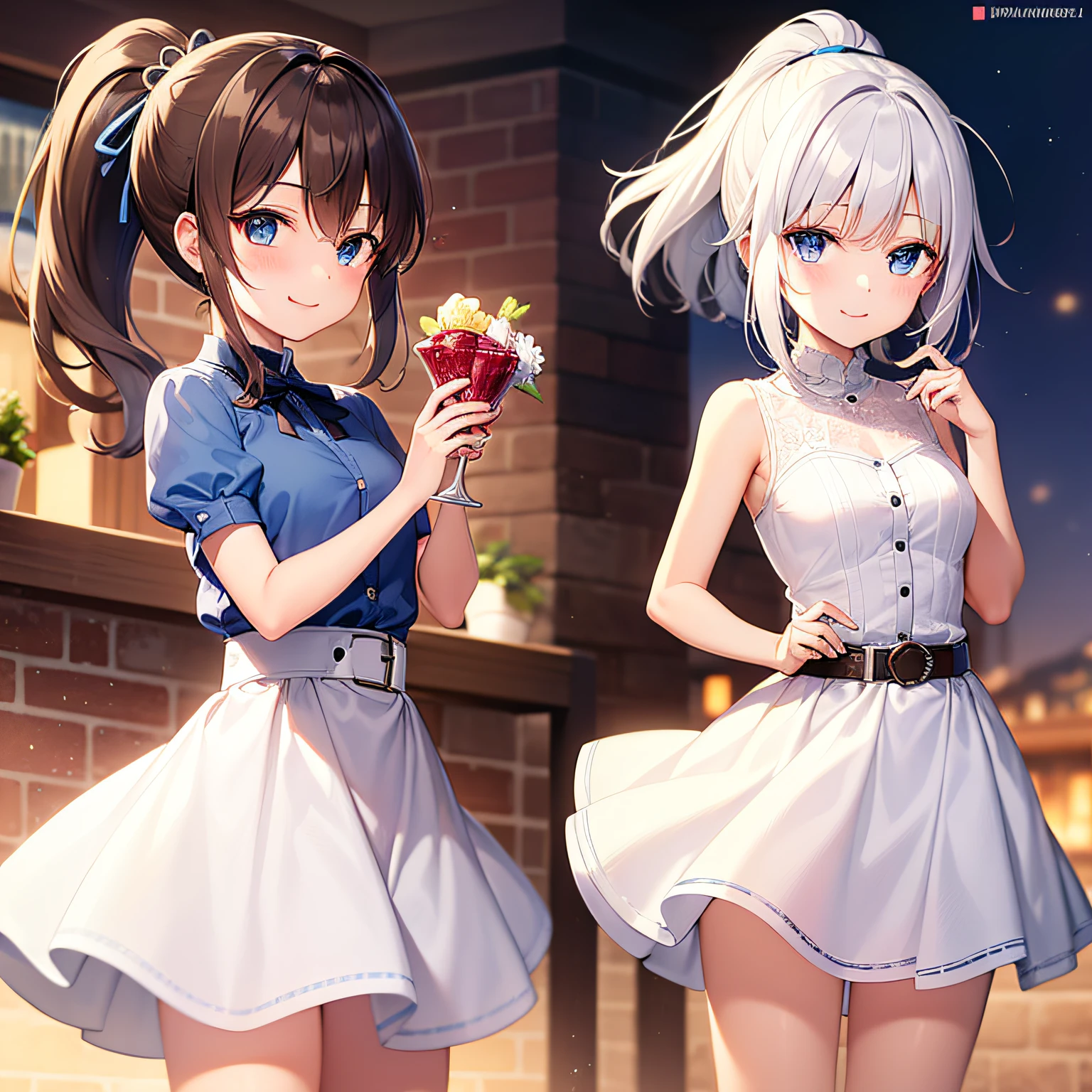 Top quality, very delicate and beautiful, girl, , (dark brown hair), blue clothes with vertical buttons, belt at the waist, white skirt, (ponytail)), (white hair band), (brown boots), blue eyes, standing, smile