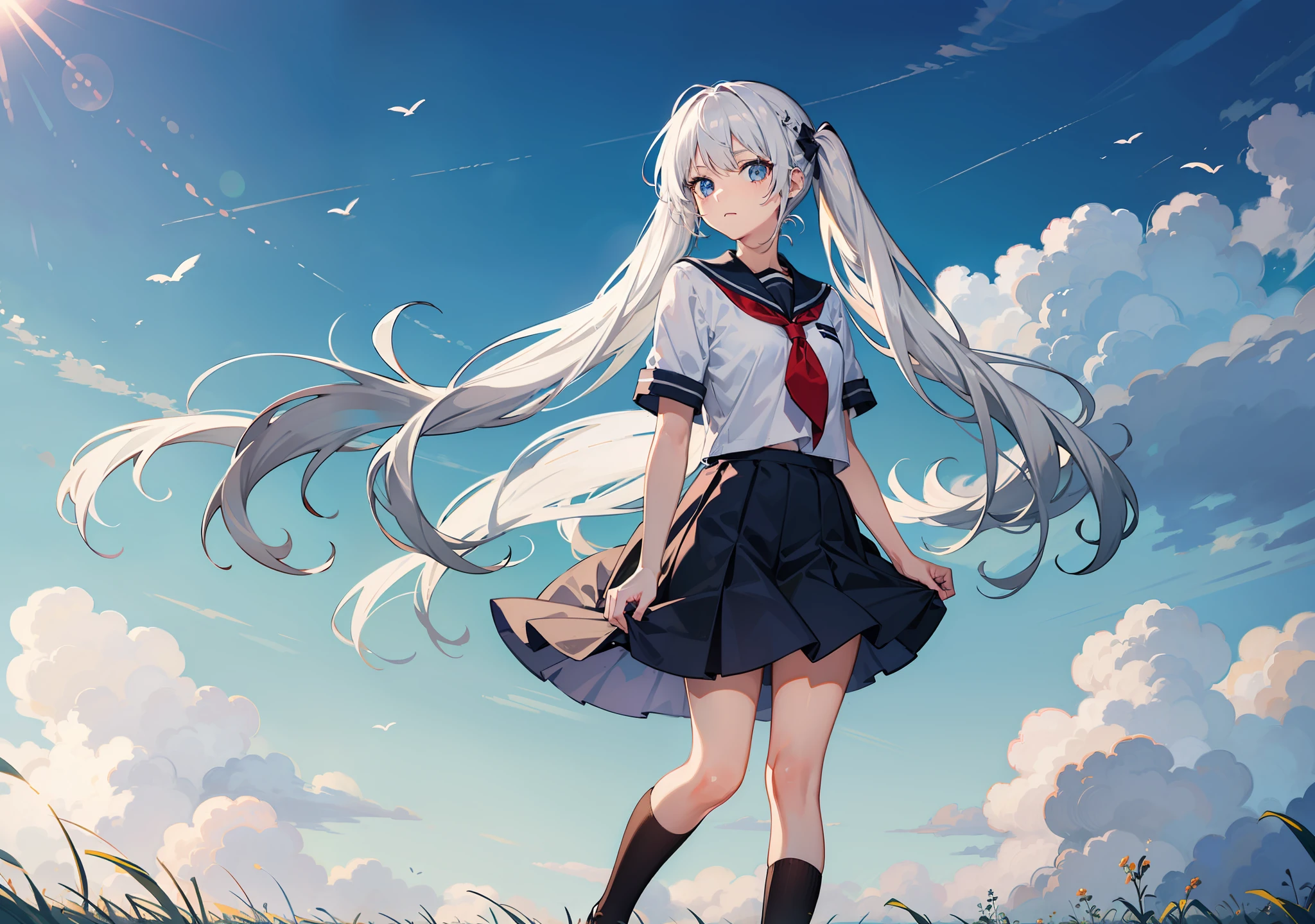 masterpiece,best quality,1girl,white hair, blue eyes,school uniform, cloudy sky, full body, grass,looking at viewer, twintails,front,silver hair, ((straddle)),white stockings