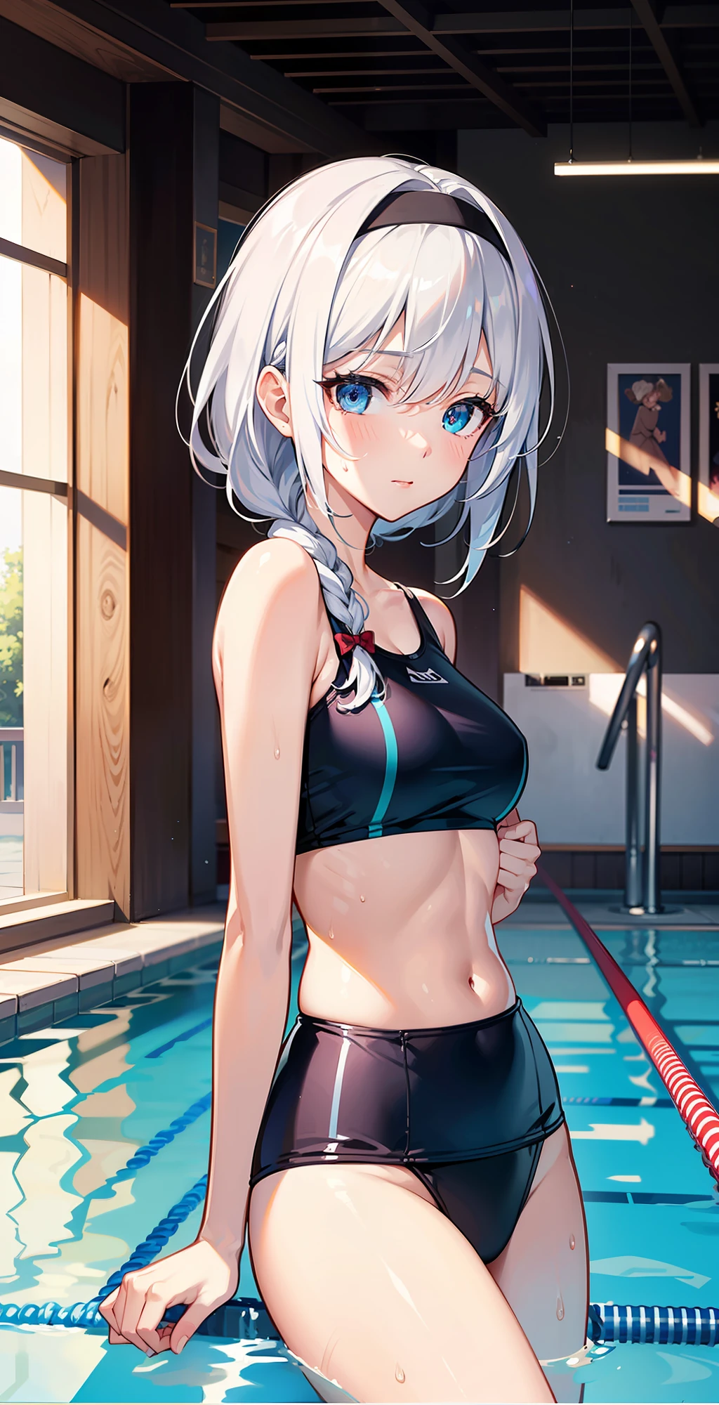 Masterpiece, best quality, masterpiece, best quality, official art, extremely detailed CG Unity 8k wallpaper, traditional_media, girl, single braid, black headband, long hair, white hair, blue eyes, medium breasts, school swimwear, shyness, swimming pool, short braid, fetal_position, sexy