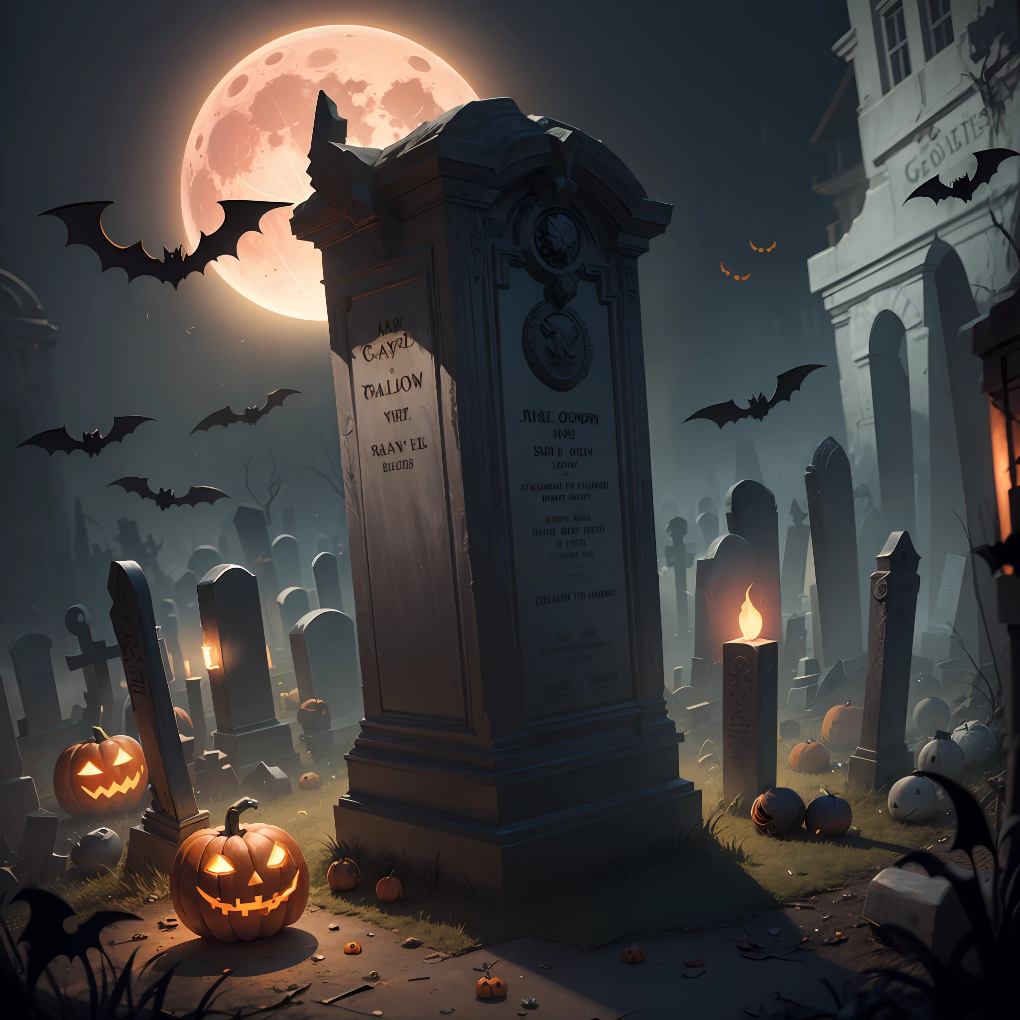 Halloween poster, graveyard, broken bones, bats, ray tracing, main tombstone, blood moon
