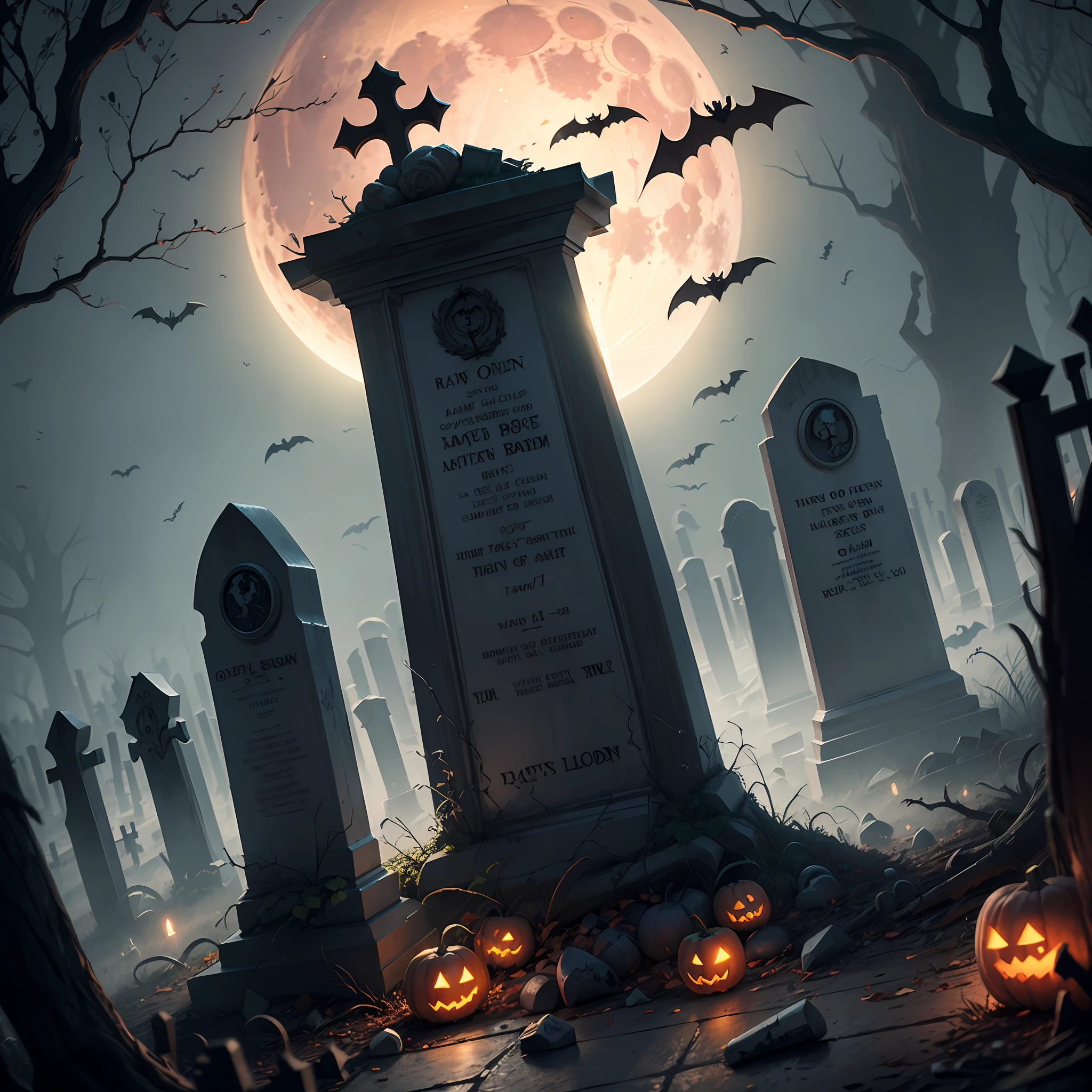 Halloween poster, graveyard, broken bones, bats, ray tracing, main tombstone, blood moon