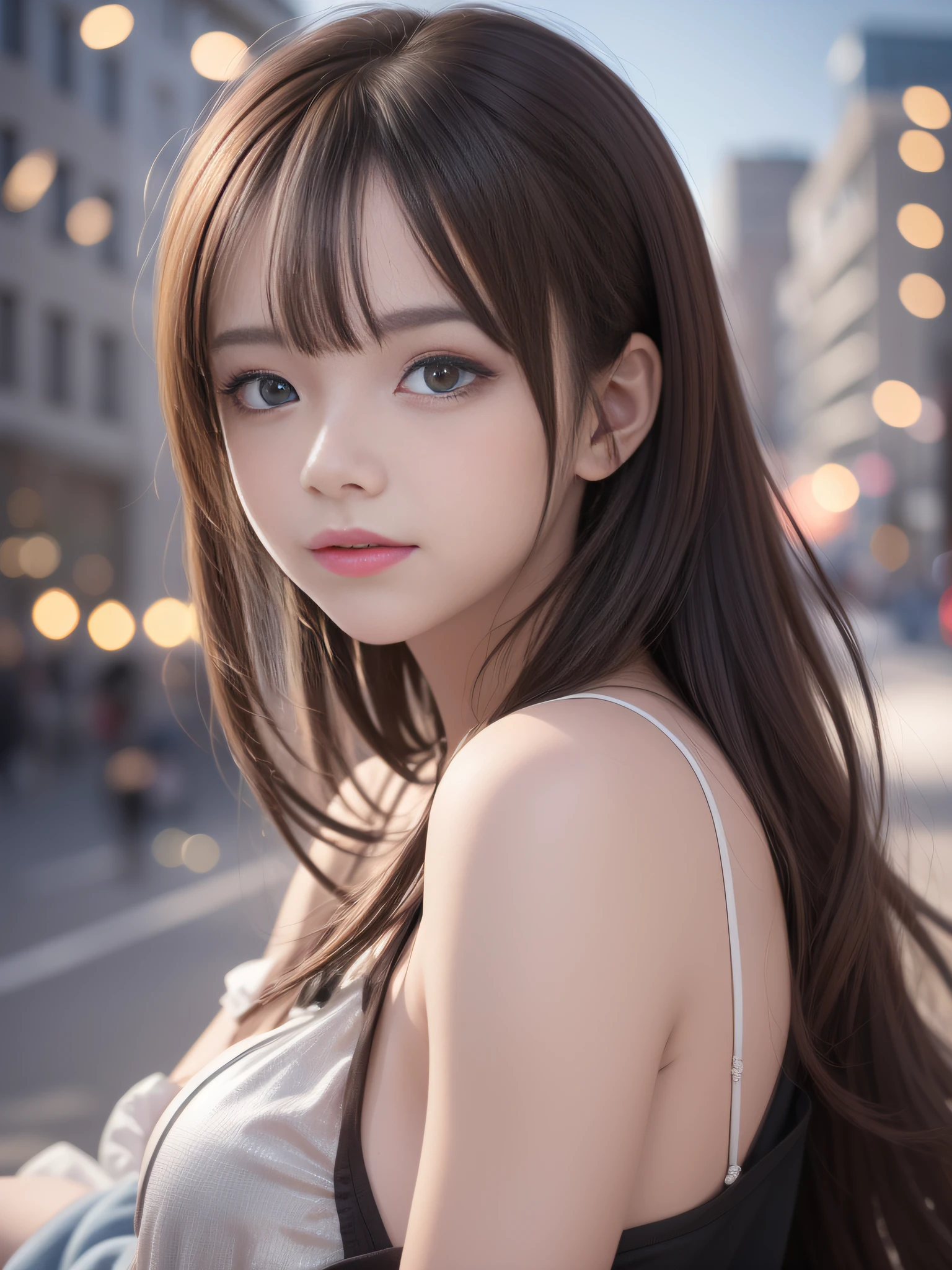 (8k raw photos, highest quality, masterpiece, 8k-UHD), (realistic, photorealistic: 1.37), (anatomically accurate and realistic skin), ultra high resolution, depth of field, film lighting, film grain, very cute 16 year old girl, tips, red eyes, long eyelash, bags under the eyes, cute face, very detailed eyes and hair, skin with beautiful details, happy smile, brown hair, thick bangs, shiny hair, curly, urban, cityscape,