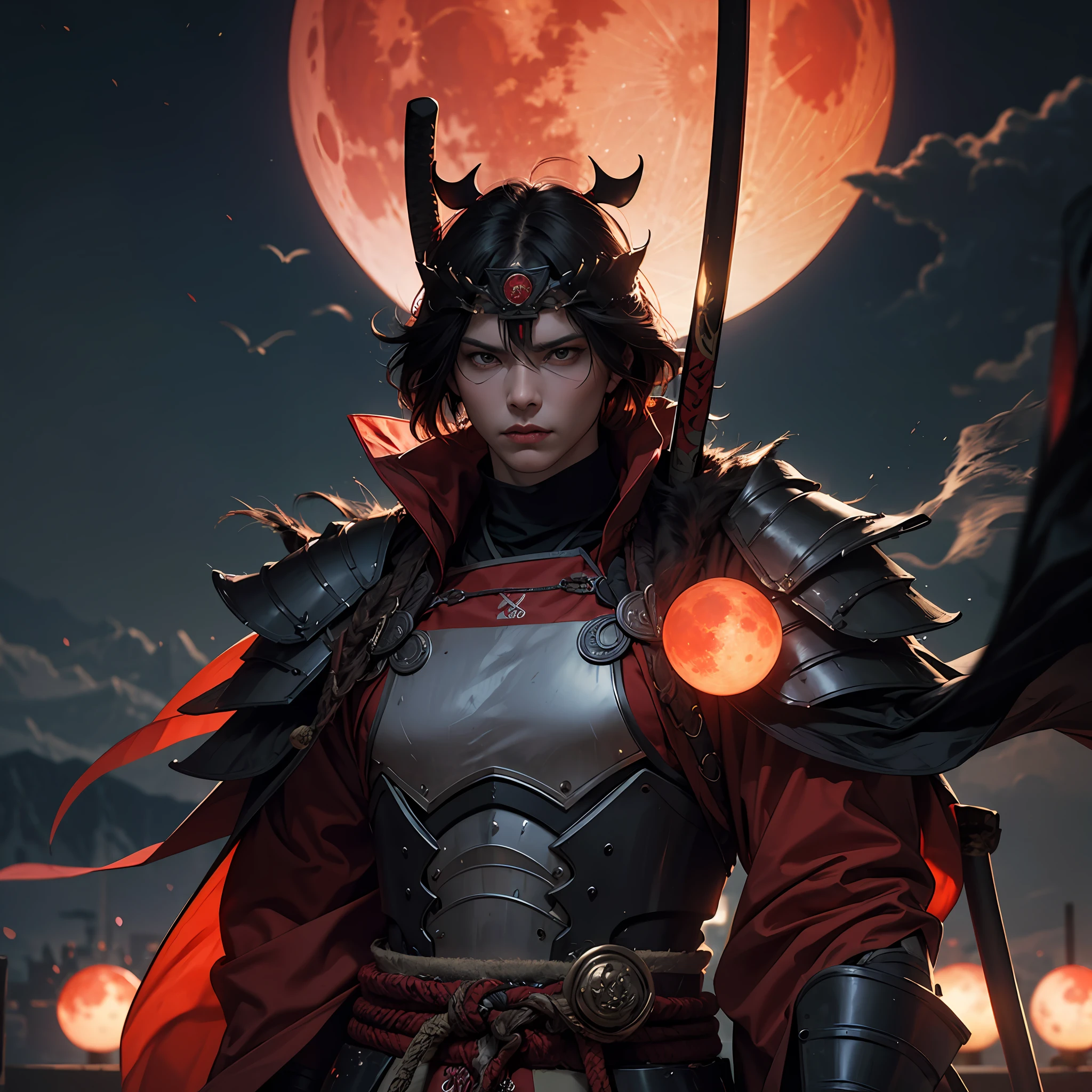 Samurai Boss armor red tank. 3 katanas, one red light katana. Red moon... dark night darkness clouds 4k --auto
