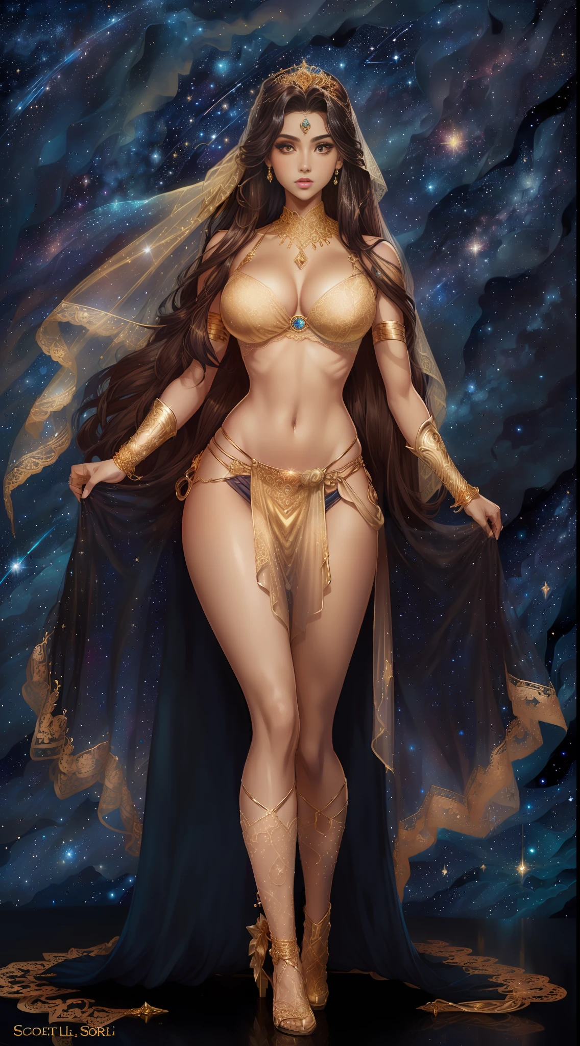 ((full body)), (((head to toe))), 1 female, solo, beautiful blushing slender Goddess of Virgo (((with long straight hair))), small bust, narrow waist, thin legs, (((against Leo starry sky background))), (((gorgeous gold lace brassiere, loincloth))), sapphire necklace, sapphire tiara, gold veil, (((American comic style with dark contours))), (((art by J. Scott Campbell)))