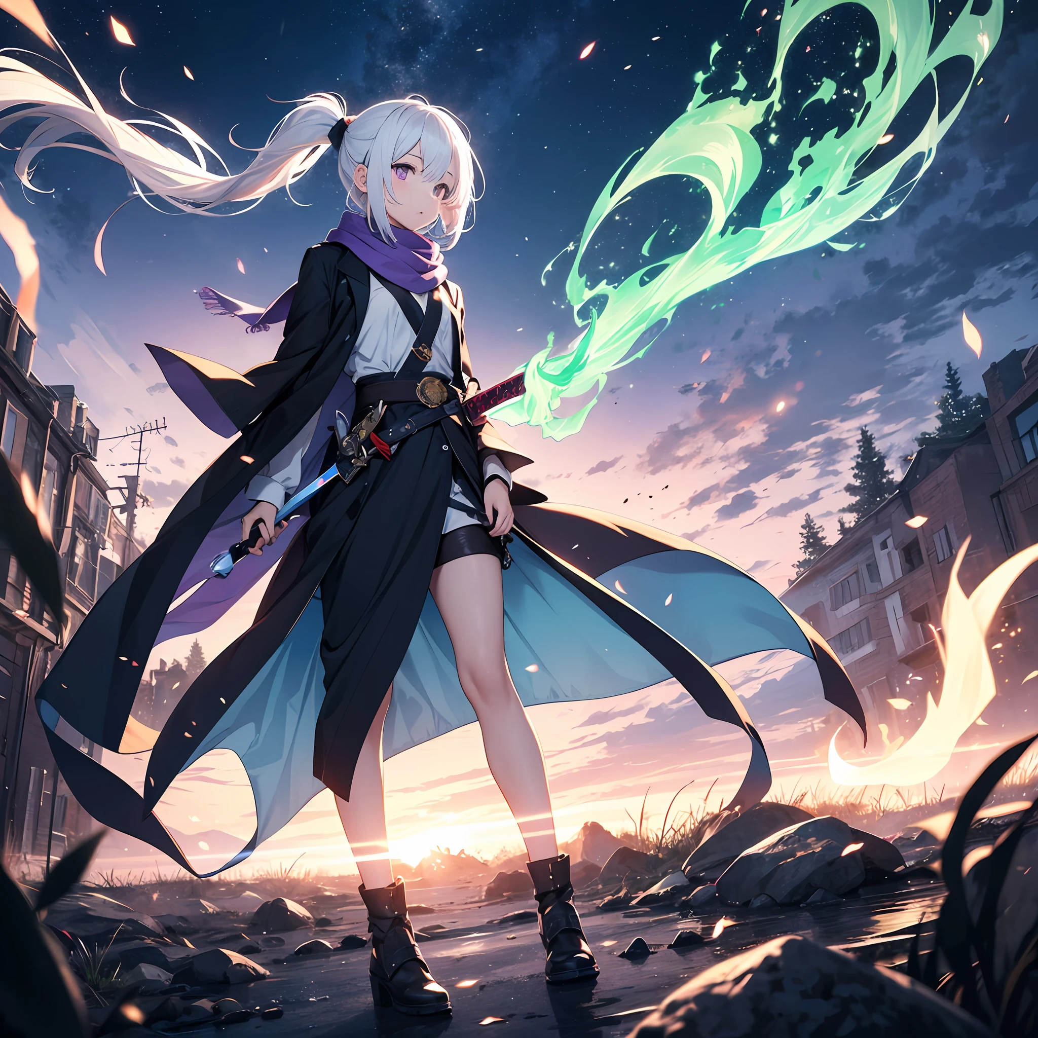 Full body, 1girl, white hair, ponytail, purple eyes, short sword, medium chest, scarf, light particles, green fire, a blue bird around, dusk, breeze, drizzle, cool --auto