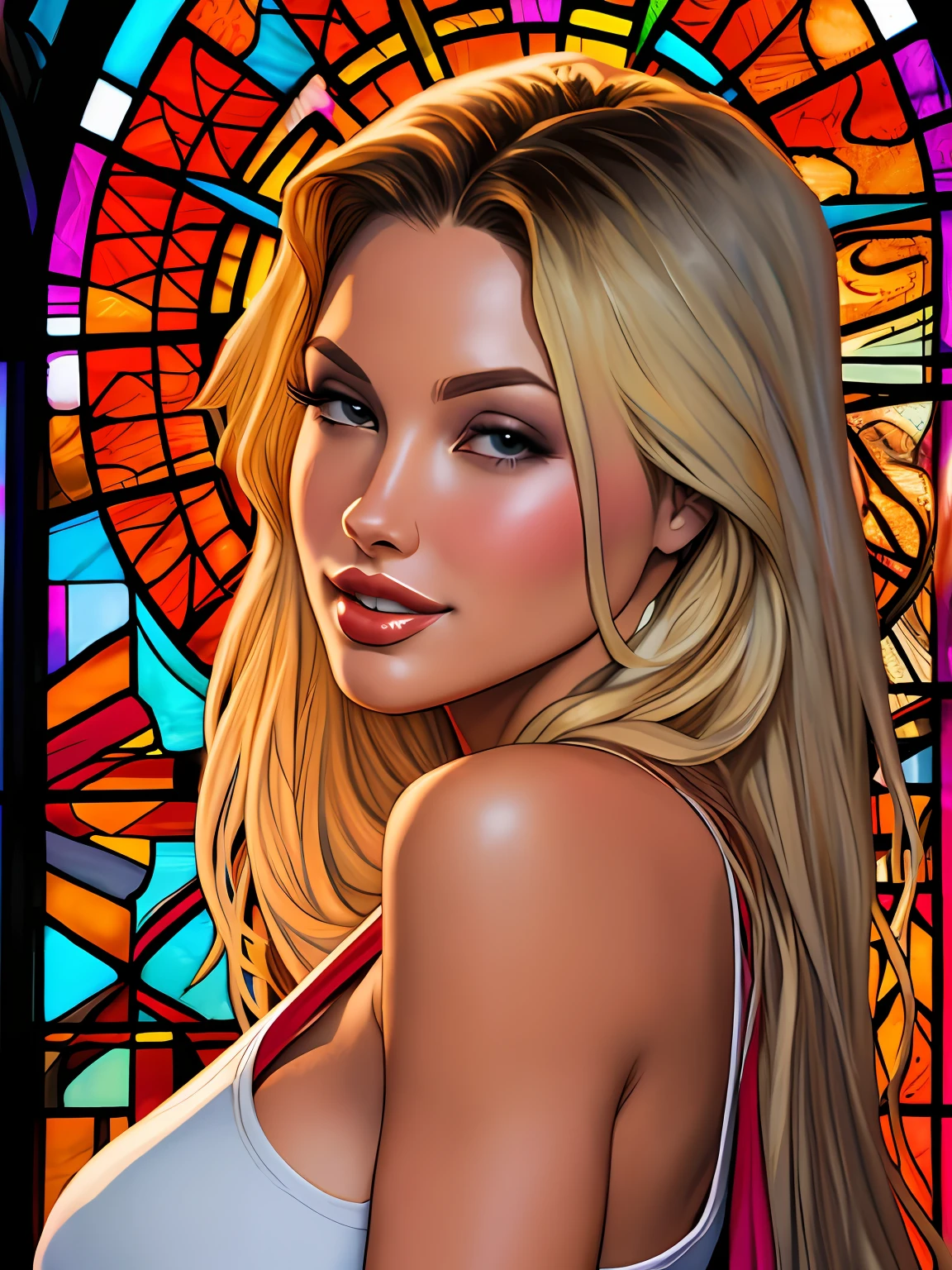 comic book style ,emily sears  argentina  ,beautiful woman with long  hair ultra detailed, (beautiful and clear background:1.2),, fantastic paintings ,graffit style,  flowers, olhos altamente detalhados , a t-shirt or dressed in a white blouse underneath, with long black hair , stained glass colored,  out, vibrant, alphonse mucha style, fantastic paintings by joe madureira  ,high quality,  art,kelly brook beautiful woman with long blonde hair  , freedom, soul, digital illustration, comic style, perfect anatomy