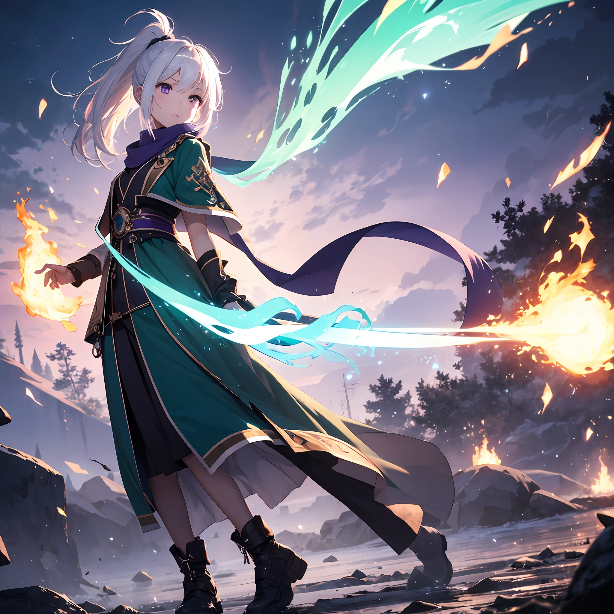 Full body, 1girl, white hair, ponytail, purple eyes, short sword, medium chest, scarf, light particles, green fire, a blue bird around, dusk, breeze, drizzle, cool --auto
