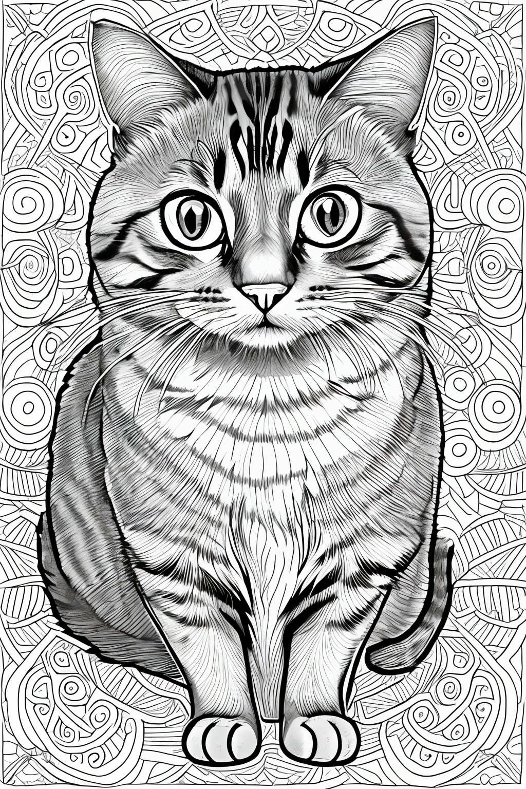 A picture of a cat,in park coloring page, black and white drawing,many details open picture, 16k