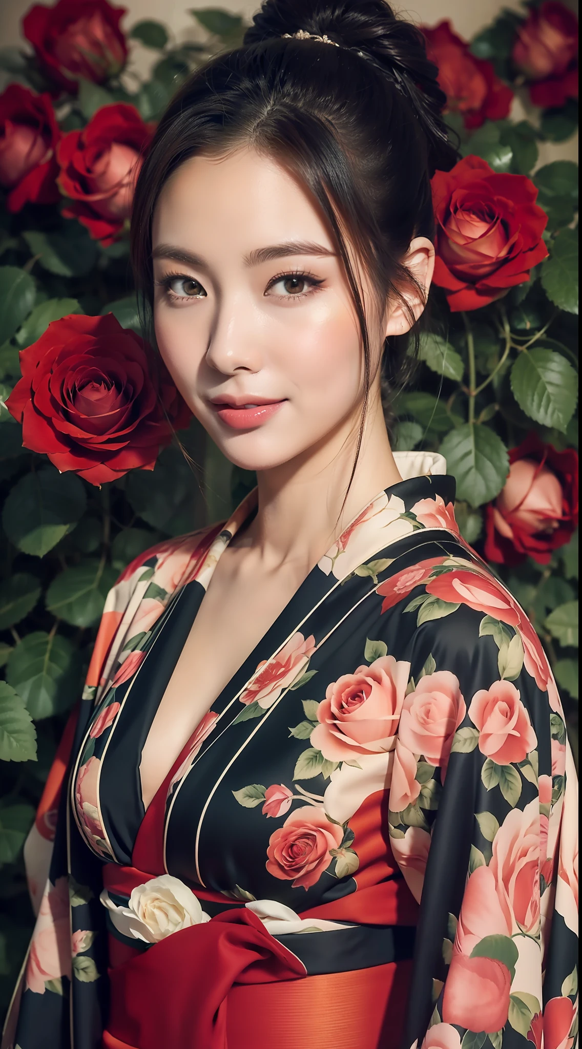 (kimono made of real roses, lots of roses), retro art, intricate design, top quality, 8k, masterpiece: 1.3, sharp focus: 1.2, beautiful woman with perfect figure: 1.4, highly detailed face and skin texture, detailed eyes, lips, smile
