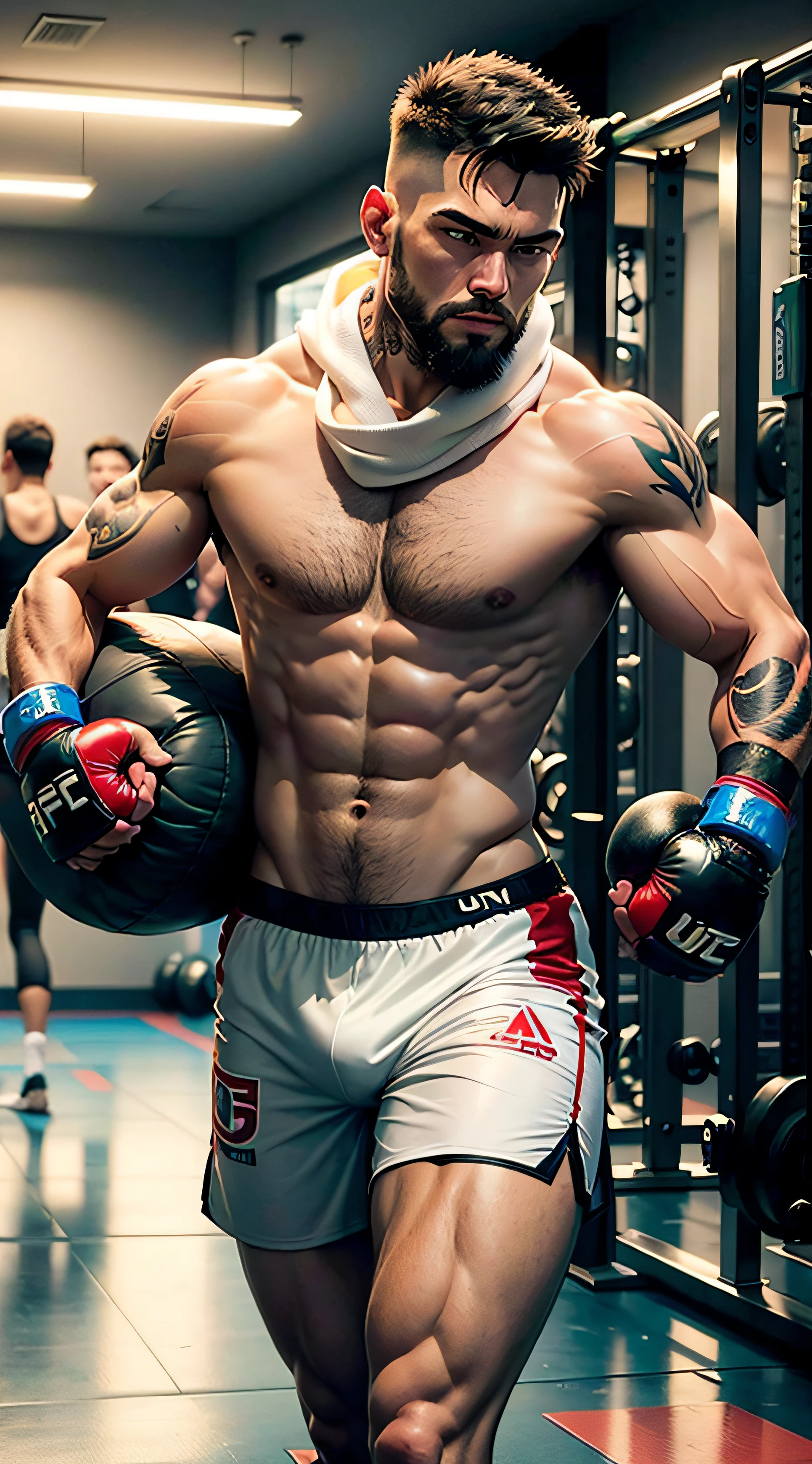 (A fighter training in the gym punching the sandbag), Brazilian brunette, muscular, strong, shirtless, tattooed, white scarf, beard, UFC shorts, white MMA gloves, mirror, mat, weight machines, weights lying on the floor, gloves, photos of fighters hanging on the wall, realistic, ultra-detailed --auto