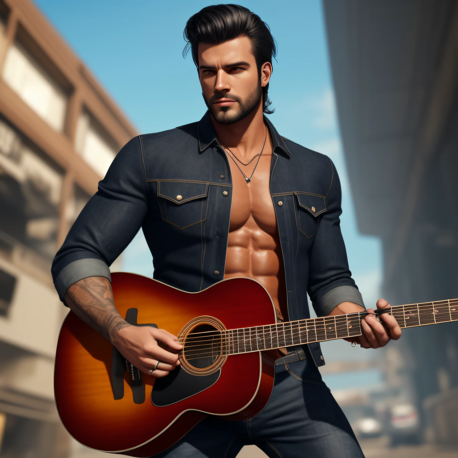 Create a character, he is a man with his 37 years, with muscular body, model appearance, black hair, beautiful face, rocker style with rockeiro jeans, rockeiro jacket and with a guitar on the back, 4K --auto