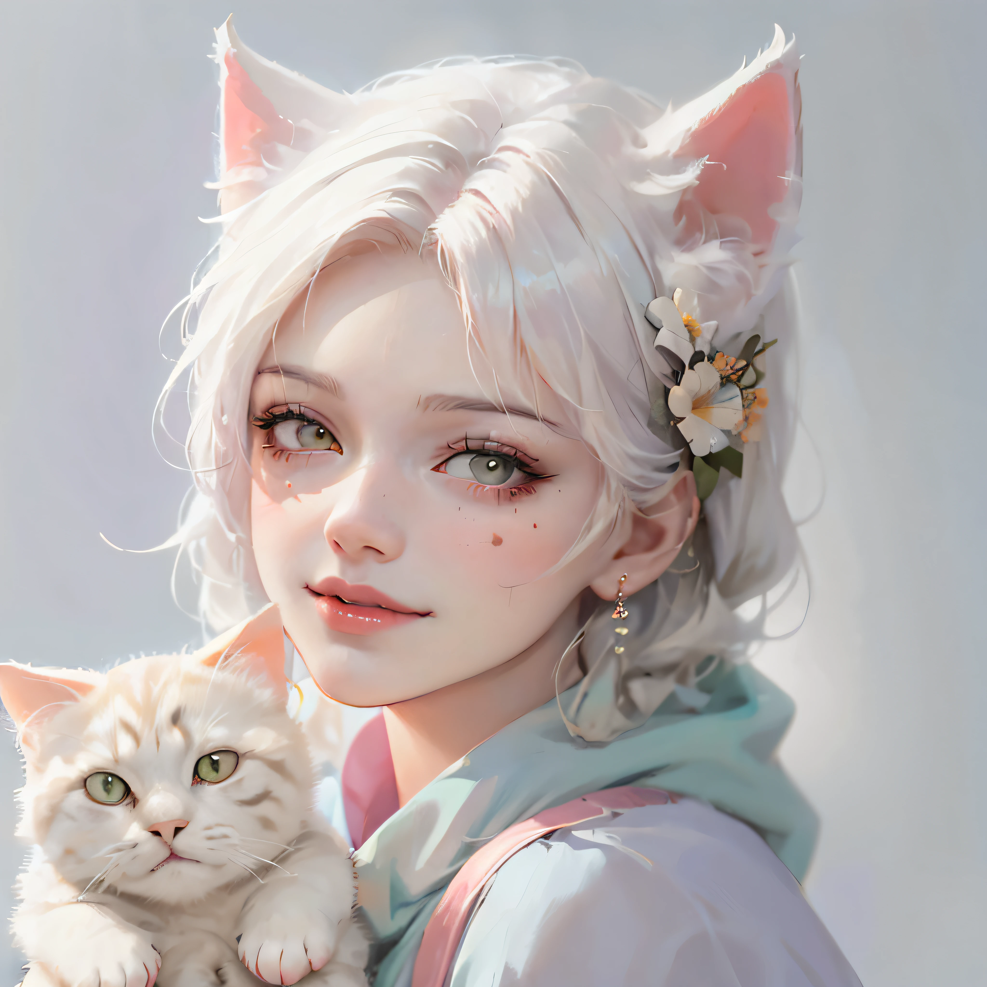 anime girl with cat ears and flowers in her hair, white cat girl, very beautiful cute catgirl, artwork in the style of guweiz, kawaii realistic portrait, beautiful anime catgirl, beautiful young catgirl, anime girl with cat ears, attractive cat girl, realistic anime cat, cute anime catgirl, white ( cat ) girl, adorable digital painting