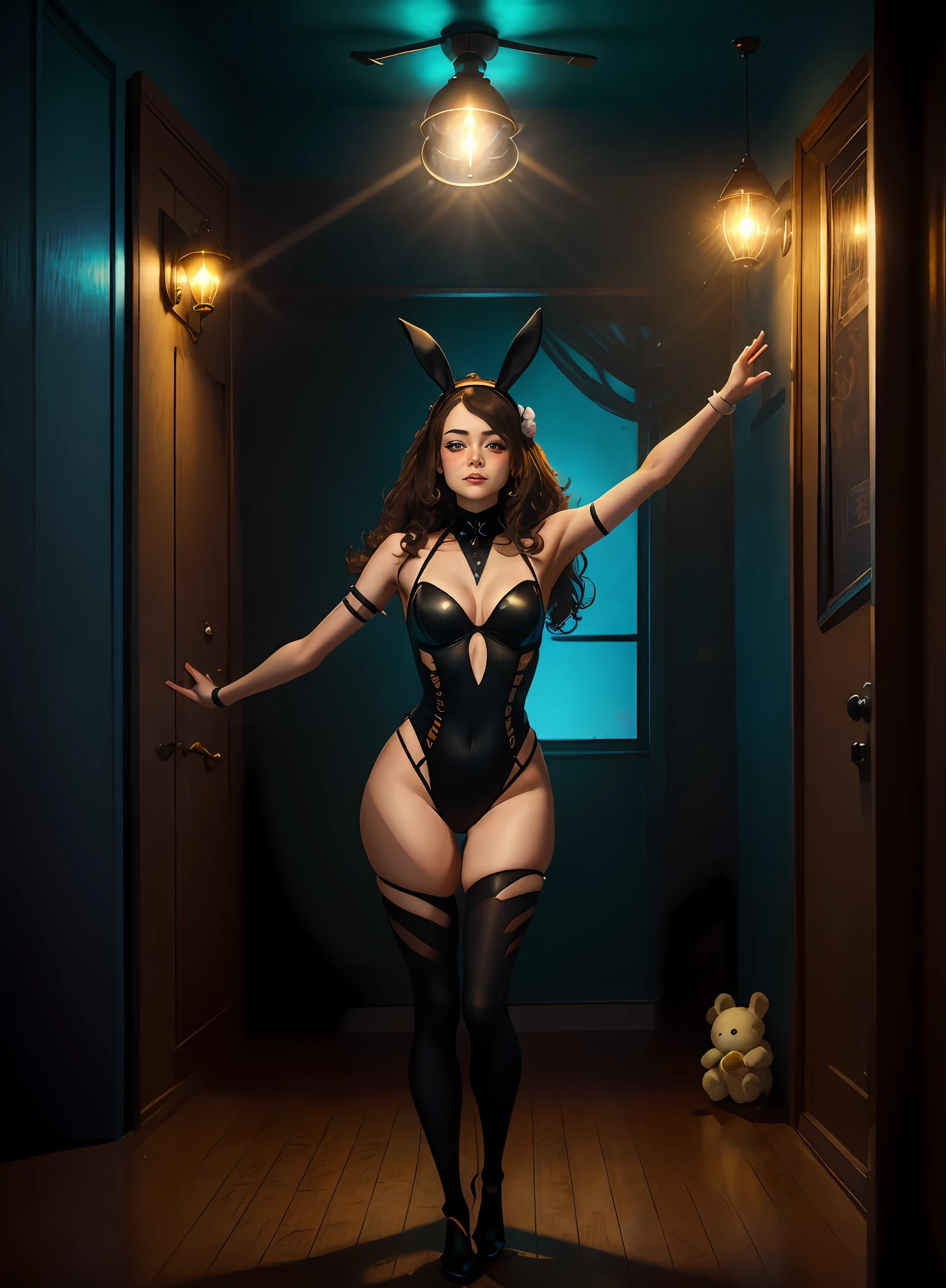 Wearing (Micro Highleg Bunnysuit, Tight), Portrait, Beautiful Face, Beautiful Eyes, Inside, Portrait, Room, Teeth, Open Eyes, Ward Winning Photo, Best Quality, Full Body, Hannahowo, Black Wind Blown Hair, by Lee Jeffries Nikon D850 Film Stock Photography 4 cameras kodak 400 lens F1.6 rich colors realistic texture hyper realistic natural lighting unreal mechanism trend in artstation cinestill 800, (100 mm lens), standing pose, legs spread and apart, displaying groin, arms up, bunnybear hairband, pov eye level.