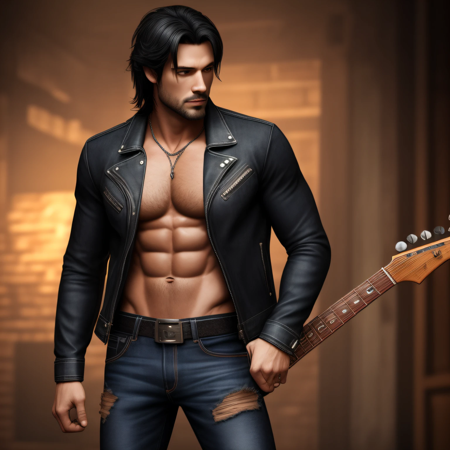 Create a character, he is a man with his 37 years, with muscular body, model appearance, black hair, beautiful face, rocker style with rockeiro jeans, rockeiro jacket and with a guitar on the back, 4K --auto