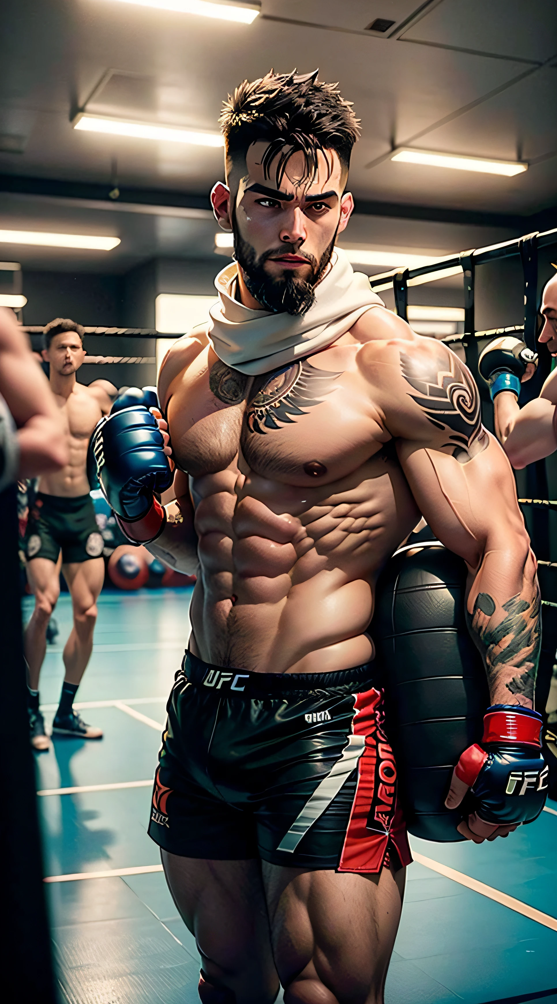 (A fighter training in the gym punching the sandbag), Brazilian brunette, muscular, strong, shirtless, tattooed, white scarf, beard, UFC shorts, white MMA gloves, mirror, mat, weight machines, weights lying on the floor, gloves, photos of fighters hanging on the wall, realistic, ultra-detailed --auto