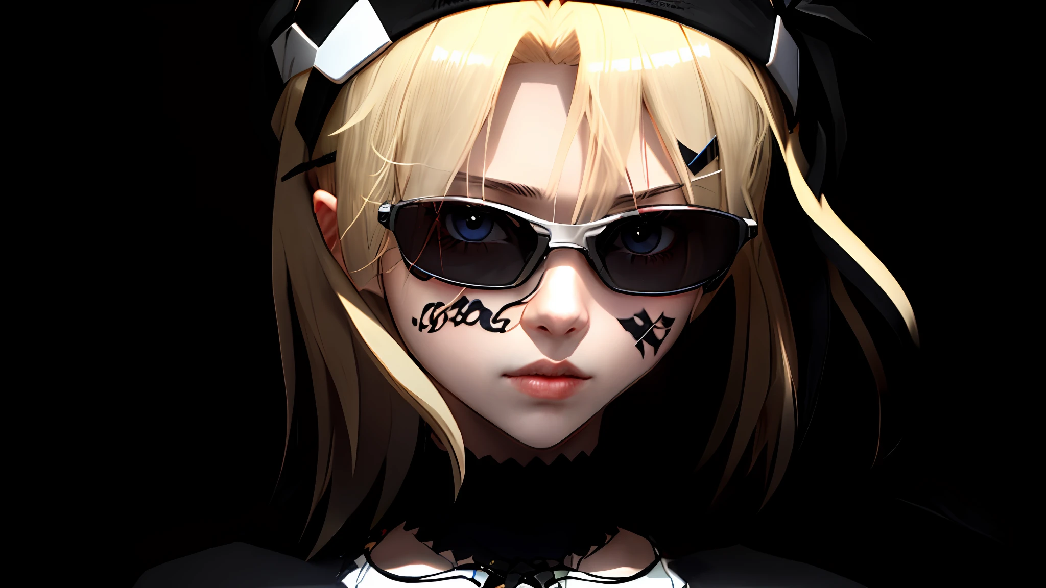 Anime girl with tattoos, with blonde hair and reflective oakley glasses, with a black collar, black dress, light white skin, Saber from Stay Night.