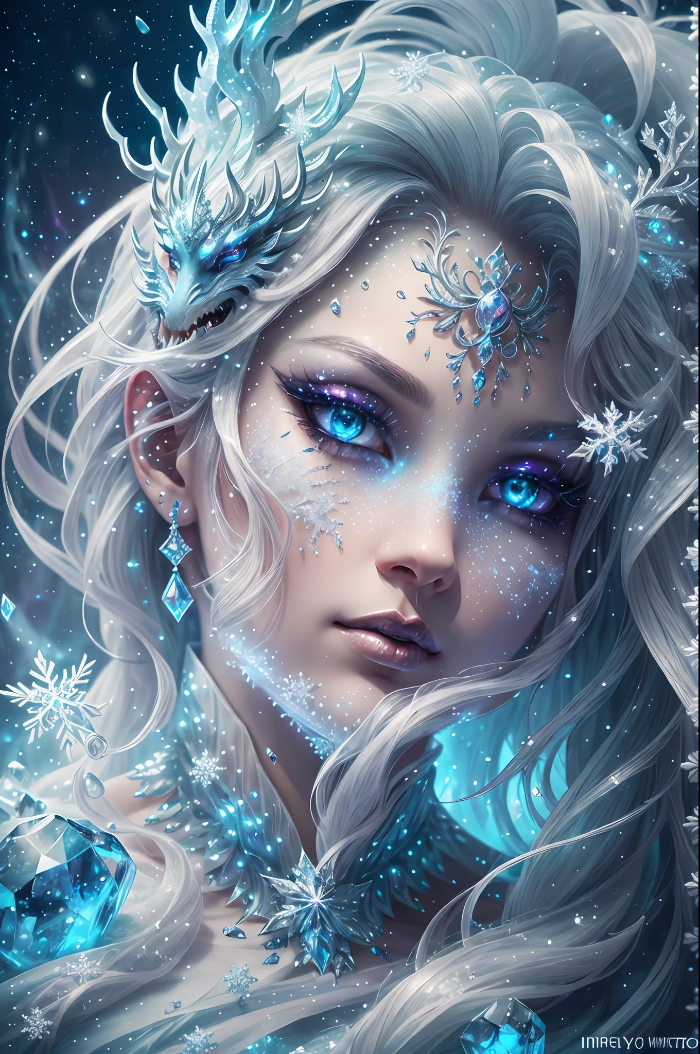 generate a celestial and colorful petite ice angel. her eyes should be beautifully detailed, extremely detailed, realistic, macro, and bright. her face should be fierce and dynamic. She should have soft, full lips and an arched nose. Her face should have high cheekbones, a strong jawline, and large lips. include a highly detailed face with realistic eye shading. her clothes are long and flowing and made of silk and lace and pearls. include frosty details such as snow, wind, snowflakes, cold air, and night sky. include phantasmal iridescence, shimmer, glimmer, and bumps, as well as beautiful and intricate fantasy details. this is a magical and high fantasy image. cold, frost, frost on image, frost on camera, frost on figure, intricate snowflakes ((masterpiece)), best quality, high quality, highres, intricate details, portfolio piece, bryan organ, matte, trending on art station, in the style of greg rutkowski, include magical ice creature, use shades of blue, include fur, (dynamic composition), (highly detailed), ornate, ultra detailed, detail enhancements, magical details, fantasy vibes, very detailed ice dragon, beautiful and intricate ice chimera, ((dynamic composition)). include colorful iridescence
