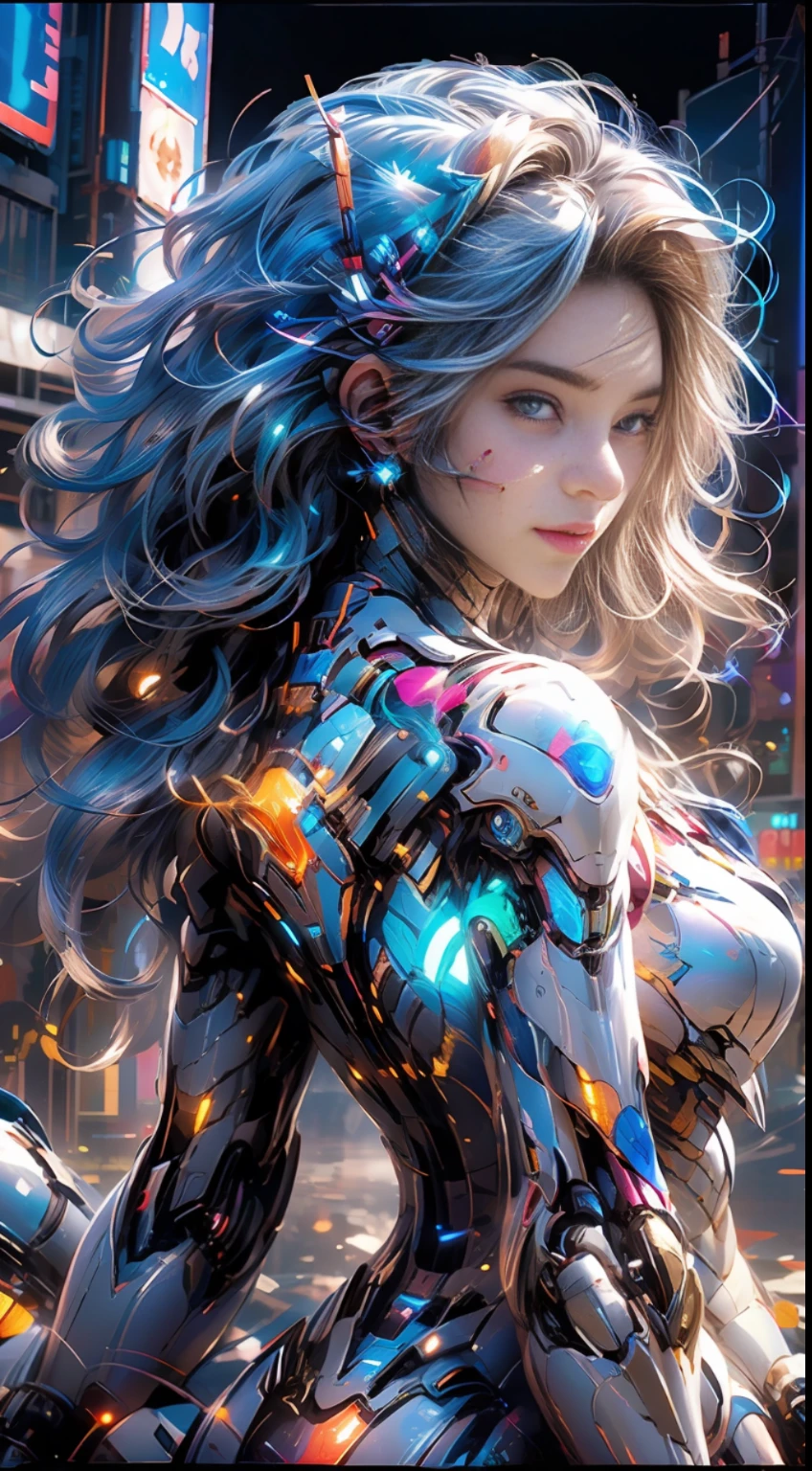 A girl, wearing a colorful glowing mech, riding a mecha motorcycle, sexy behind curves, looking back and smiling in the center of the frame, background cyberpunk city (neon billboard + mechanical holographic projection + Buddha projection + creature projection + weird crowd), full body photo taken at medium distance from the ground, multicolored hair, striped hair, mole under the eyes, ray tracing, reflected light, blending, bloom, surrealism, high detail, depth of field, projection inset, first-person perspective, front lens, caustic, uhd, Masterpiece, ccurate, textured skin, high detail, high quality, high resolution, super detail, 8K