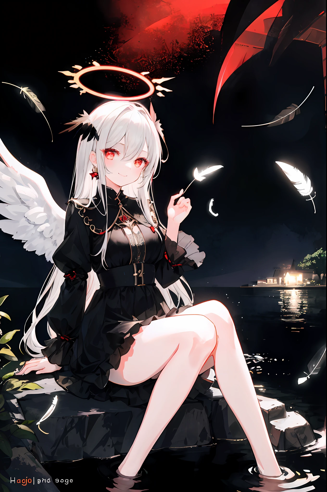 1girl, angel, cute,happy,gorgeos, sitting in a dark water, (red halo), glowing eyes, red eyes, angel wings, holy, black water,sensual, black tunic, feathers, confident, smile, expressive eyes, collofull eyes, contrast, shadows, masterpiece, digital art, lights,