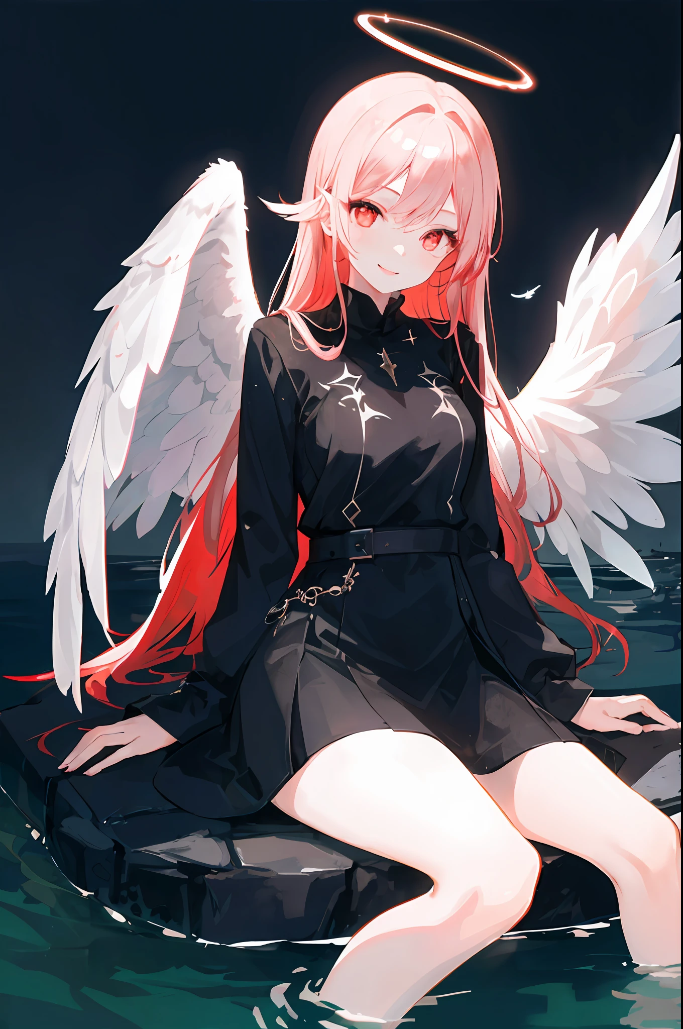 1girl, angel, cute,happy,gorgeos, sitting in a dark water, (red halo), glowing eyes, red eyes, angel wings, holy, black water,sensual, black tunic, feathers, confident, smile, expressive eyes, collofull eyes, contrast, shadows, masterpiece, digital art, lights,