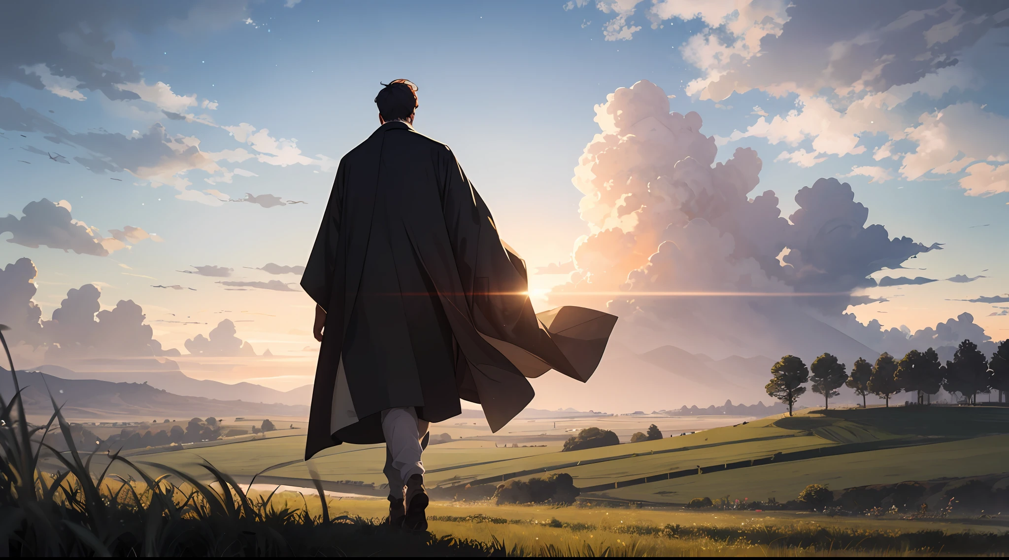 The vast sky, the beautiful horizon, the vast pastures, full of tension and grass, shining star, clear sky, 1man, long prophet's clothes, walking forward