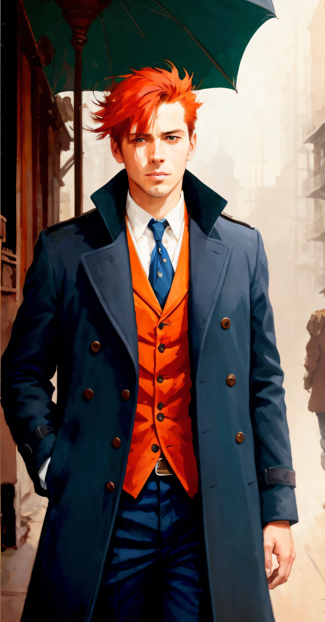 handsome man with orange hair and blue eyes, Ed Blinkey's Ravenclaw, Steampunk, Jeremy Mann's Studio Ghailan, Studio Ghibli, Greg Manchess, Antonio Moro, trend at ArtStation, trend at CGSociety, Intricate, High Detail, Sharp Focus, dramatic and photorealistic painting art in the middle of the journey and Greg Rutkowski