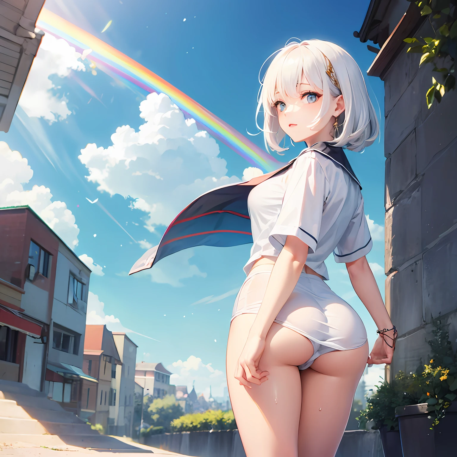 absurd, highres, facing the back, show panties, (big ass), (butt view: 1.6), big breasts, BREAK looking at the viewer, Cowboy shot, (from bottom:1.5) BREAK (bright color: 1.3) BREAK (a girl: 1.3), (: 1.2), solo, 1girl, white hair, pink eyes, short hair, big eyes, skirt, black thighs, (masterpiece:1.2, best quality), (beautiful finely detailed eyes: 1.2), (beautiful detailed face), (sharp hair of the face between the eyes, public place, (view of the ass: 1.6), earrings, jewelry, nm1, looking at the viewer, Cowboy shot, show panties, (breast: 1.3), ass, round eyes, (blowing in the wind: 0.5), sweat around the girl, dripping sweat, squall (wind: 1.2), sensation of speed, refreshing breeze, motion blur effect, wind, (no pants visible:1.4), blue sky with clouds, outdoors, (magnificent panoramic view:1.2), wind BREAK sunlight, magnificent view, rainbow in the sky, light particles, dynamic angle, Dutch angle, perspective BREAK (daytime, sunbeam:1.2), depth of field, bokeh, light leaks, (chromatic aberration:1.2), noon BREAK --auto