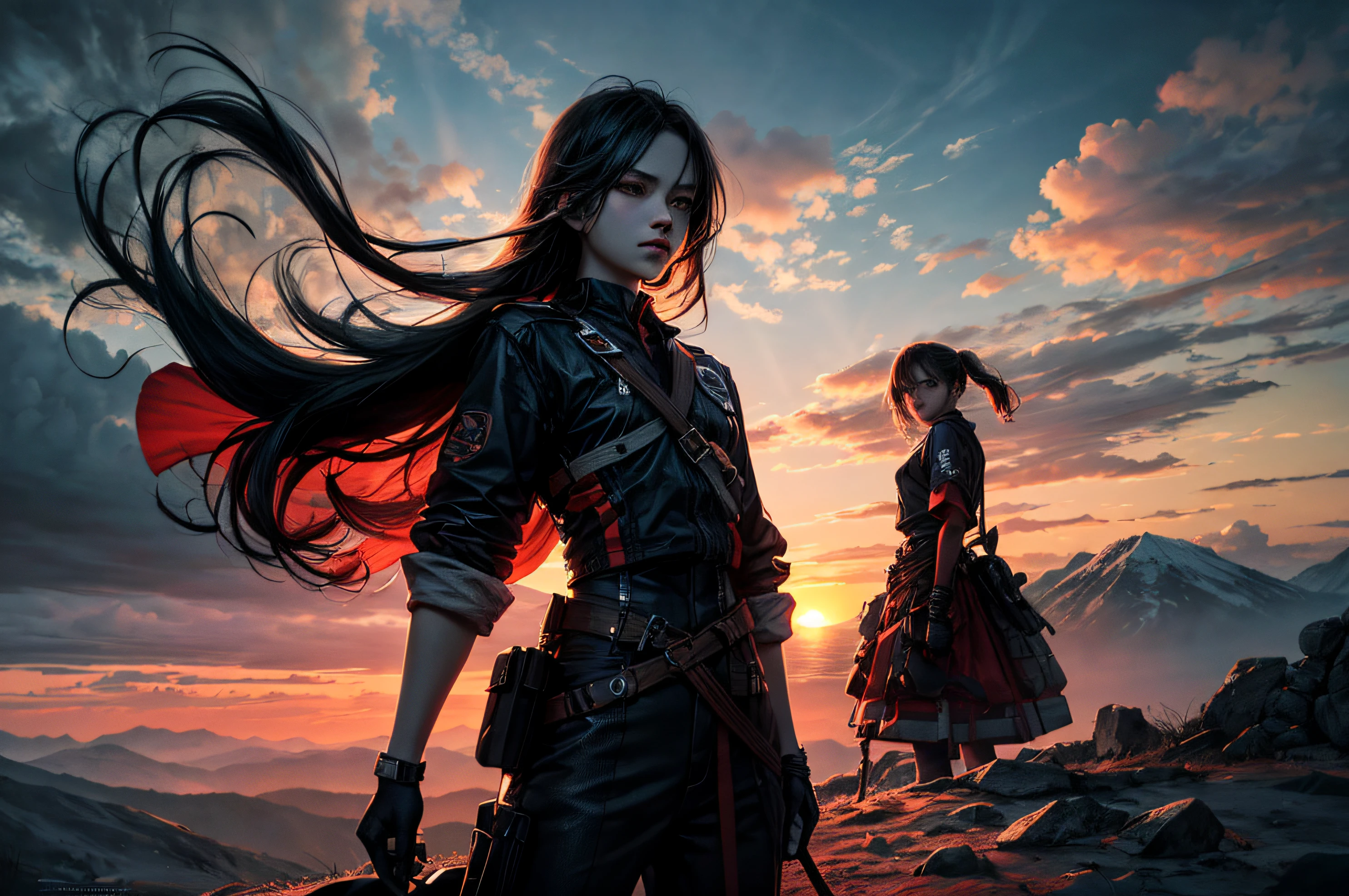 official art, unity 8k wallpaper, ultra detailed, beautiful and aesthetic, masterpiece, best quality, atmospheric, A dramatic sunset over a mountain range, Monochromatic, Radial, dappled,