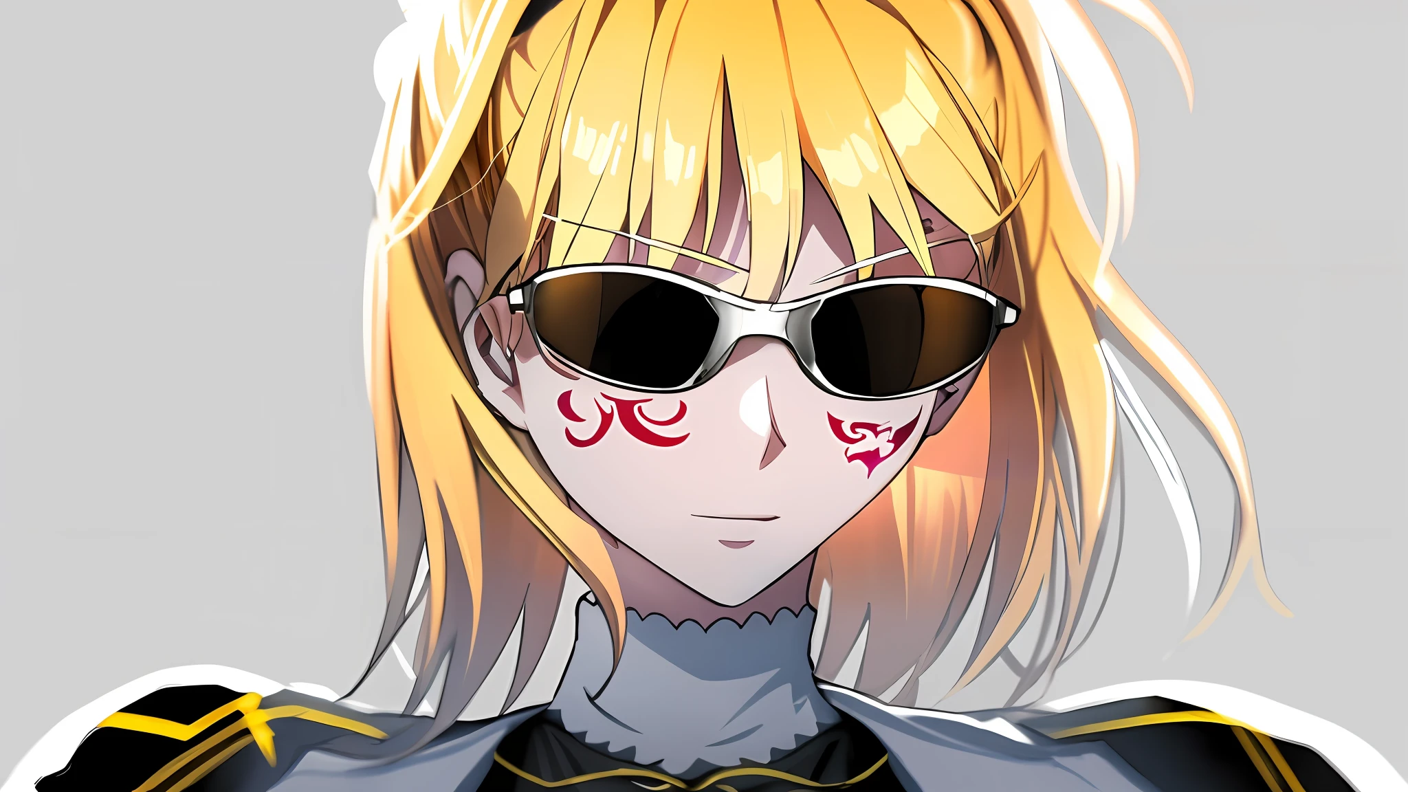 Anime girl with tattoos, with blonde hair and reflective oakley glasses, with a black collar, black dress, light white skin, Saber from Stay Night.