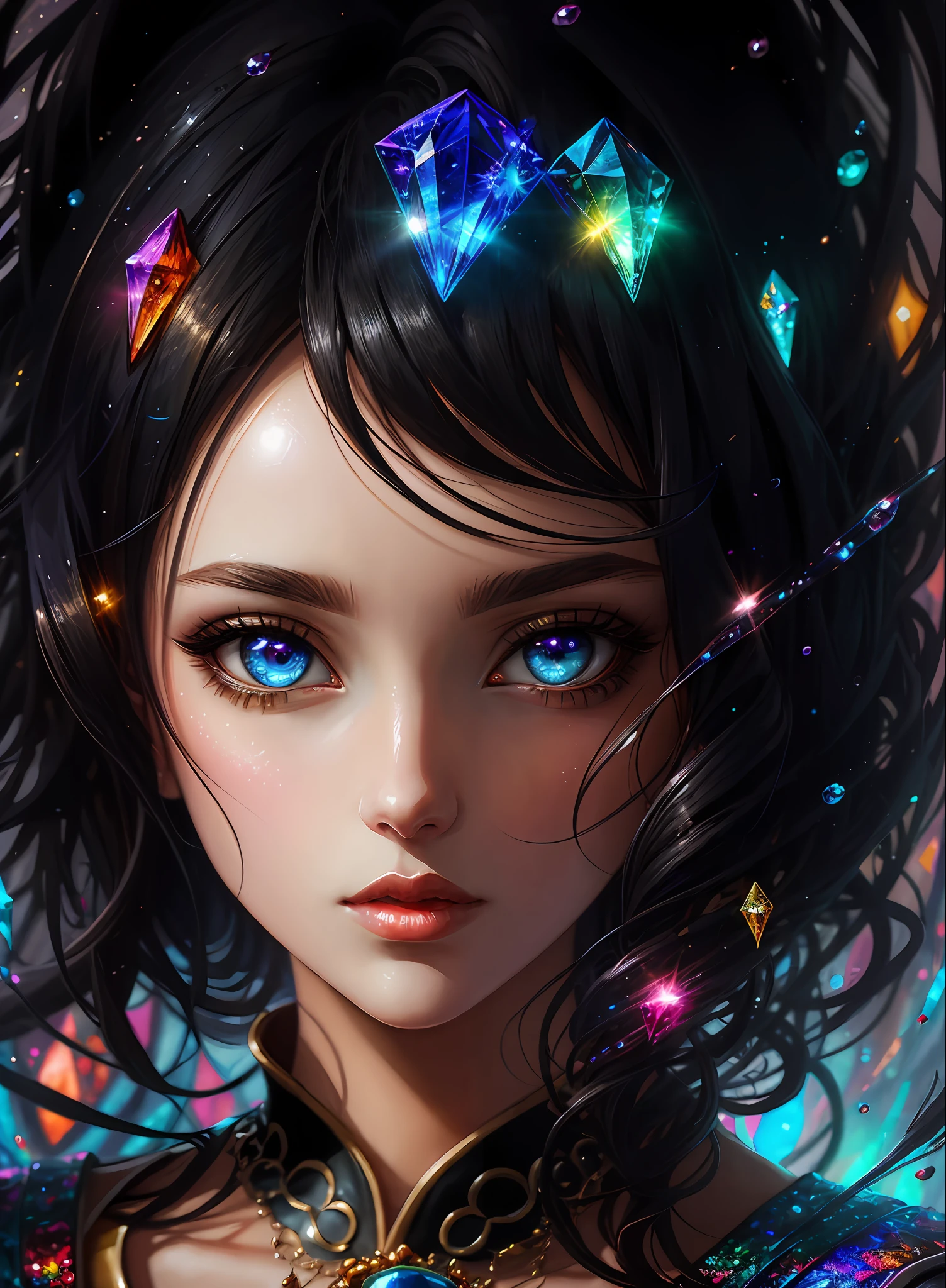 ((Best Quality)), ((Masterpiece)), (Real), (Detail),Anime Style, (One Woman) Close-up portrait of a woman with black hair, beautifully shining eyes like crystal diamonds, 4K high-definition digital art, stunning digital illustrations, stunning 8K artwork, colorful digital fantasy art, colorful and bright, beautiful digital artwork, Colorful Digital Painting, Digital Anime Art, Beautiful Woman Portrait, 8K HD Digital Wallpaper Art, Gorgeous Digital Painting