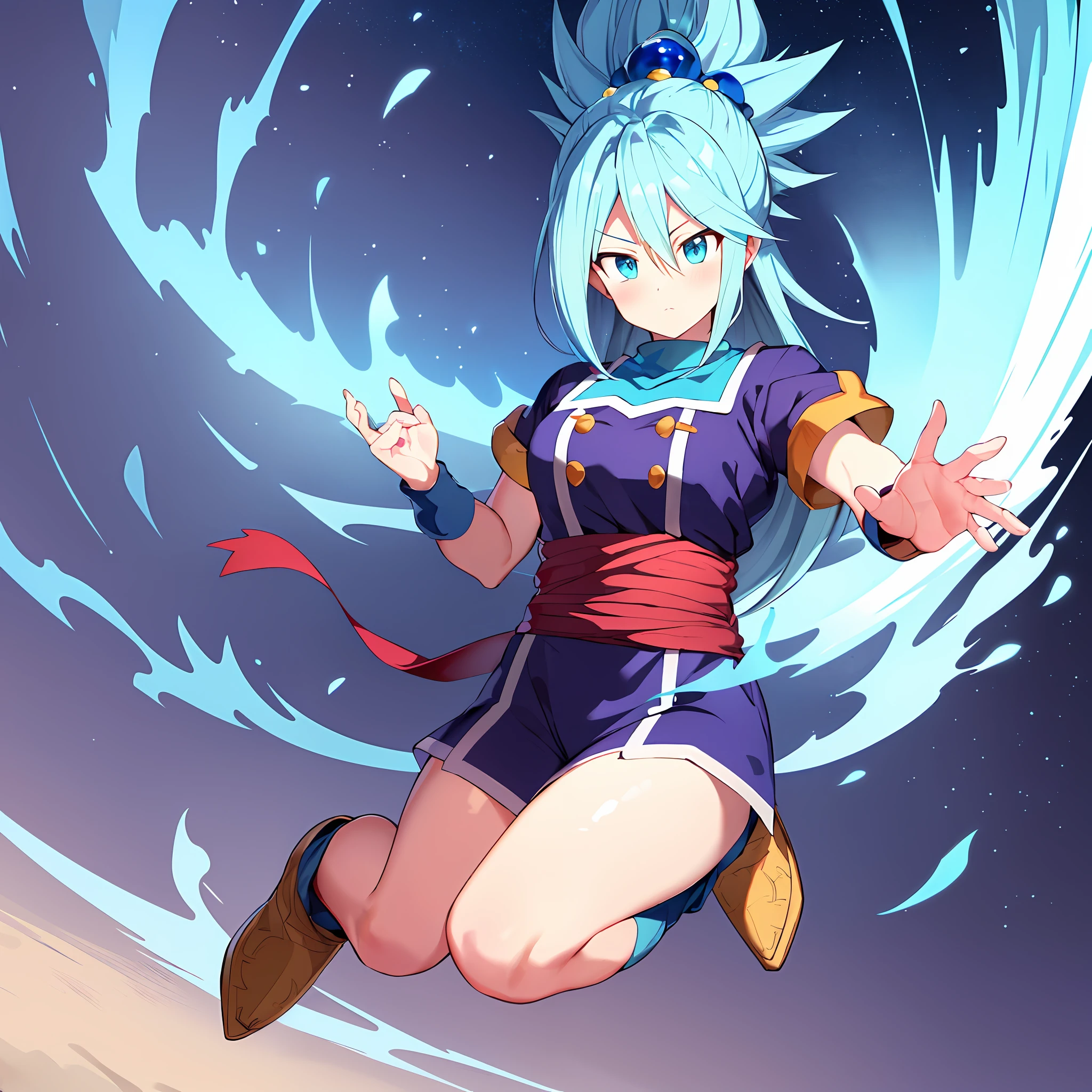 Masterpiece, intricate sharp details, full body, son Gohan_aqua_konosuba, light blue hair, spiked hair, blue eyes, Super Saiyan on Earth, Kamehamea Wave