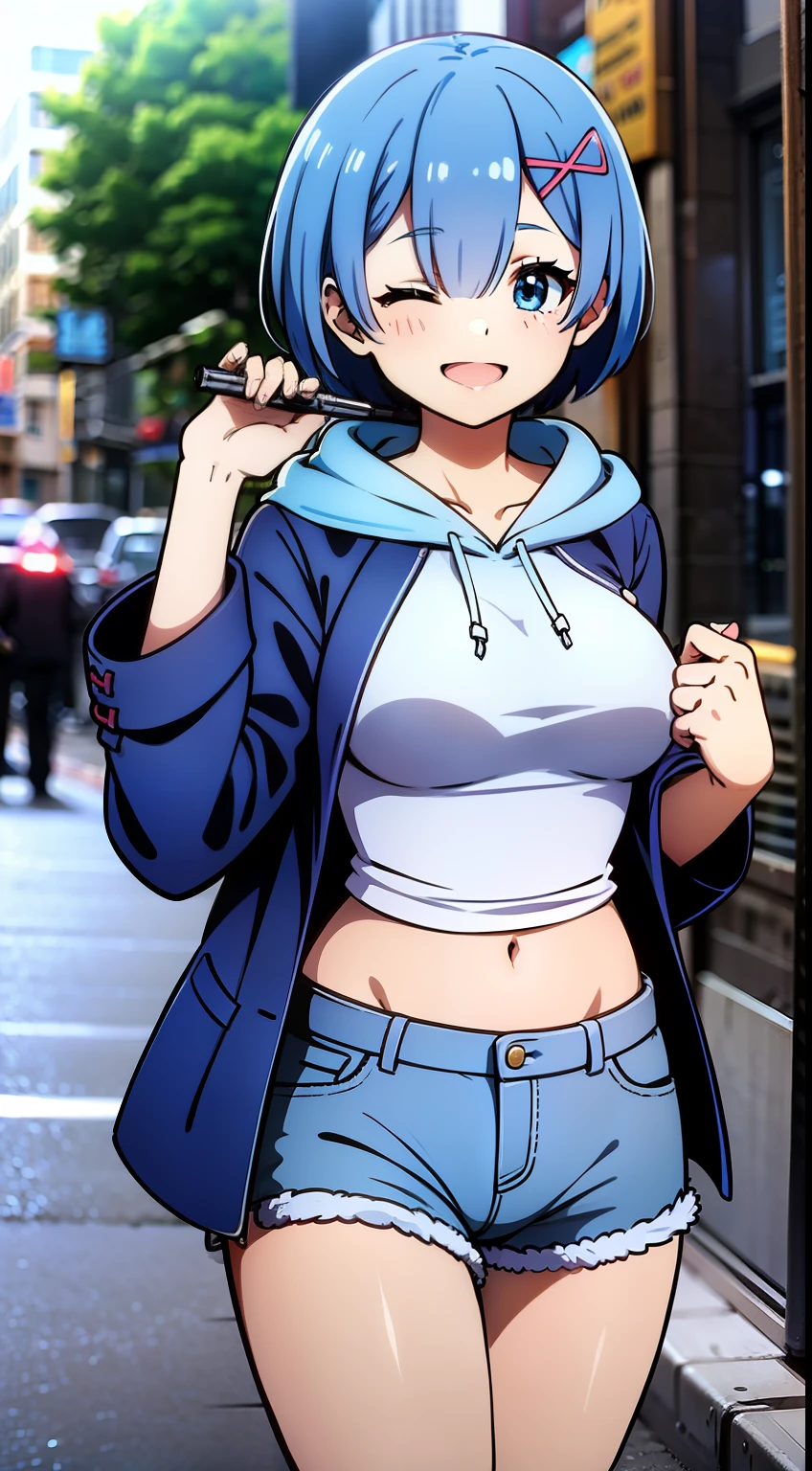 masterpiece, rem rezero, blue hair, eyes closed happy, blue jacket hoodie, white shirt, dark shorts, casual oufit, medium breasts, legs apart, middle of the street,