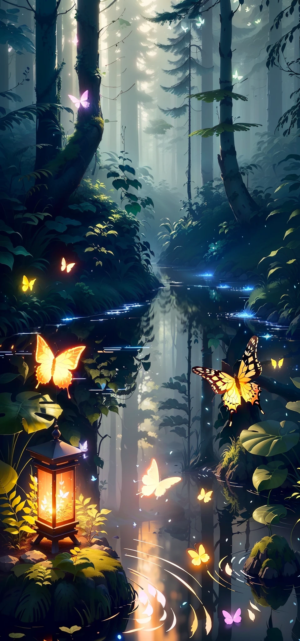 A masterpiece, the best quality, stunning reflections, the best reflections ever. (very detailed CG unity 8k wallpapers), (best quality), (best illustrations), (best shadows), forest theme with natural elements. Tall trees, quiet streams, small glowing mushrooms surrounded by delicate leaves and branches, with fireflies and glowing particle effects,, (natural elements), (jungle theme), (leaves), (twigs), (fireflies), butterflies, (delicate leaves), (glow), (particle effects). , Isometric 3D, Octane Rendering, Ray Traced, Super Detailed