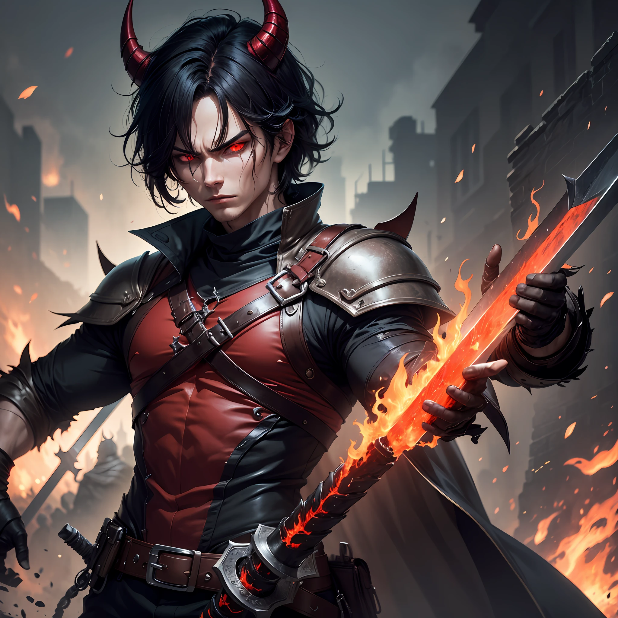 A medi-human man with a menacing appearance, demonic horns, red eyes, reddish skin, and messy black hair. He's wearing dark clothes and holding a hellish sword. Do it in an RPG anime template. --auto