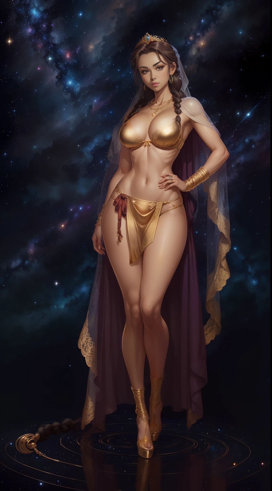 ((full body)), (((head to toe))), 1 female, solo, beautiful blushing slender Goddess of Virgo (((with braided hair))), small bust, narrow waist, thin legs, (((against Leo starry sky background))), (((gorgeous gold lace brassiere, loincloth))), peridot necklace, peridot tiara, gold veil, (((American comic style with dark contours))), (((art by J. Scott Campbell)))
