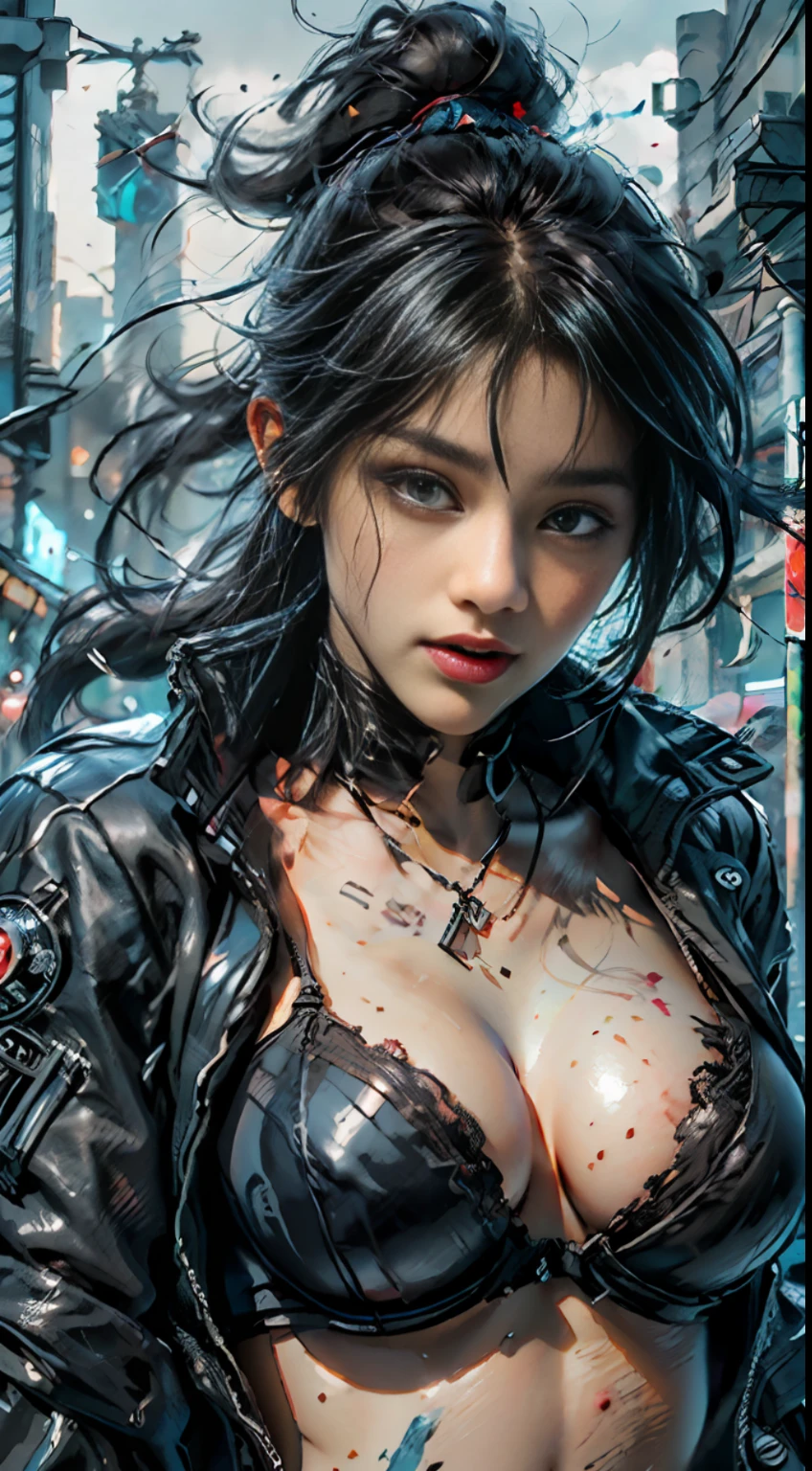 (Very detailed, bloom: 1.5), ((solo)), (highest quality, (color), (high definition), ((detailed pupils)), gray eyes, ((painting: 1.1)), (digital painting: 1.1), detailed face and eyes, masterpiece, best quality, highly detailed photos: 1, 8k, detailed face, realistic, (black hair, ponytail hair cut, ecstatic: 1.1), (18yo woman: 1), ((large breasts)), sharp, (( Perfect Body)), realistic, real shadow, 3d, bust photo 2girls on crowded cyberpunk city, ((black jacket)), black leather pants, (black sexy obsessive bra), ((full body)), ((cyberpunk night city background)), frozen city