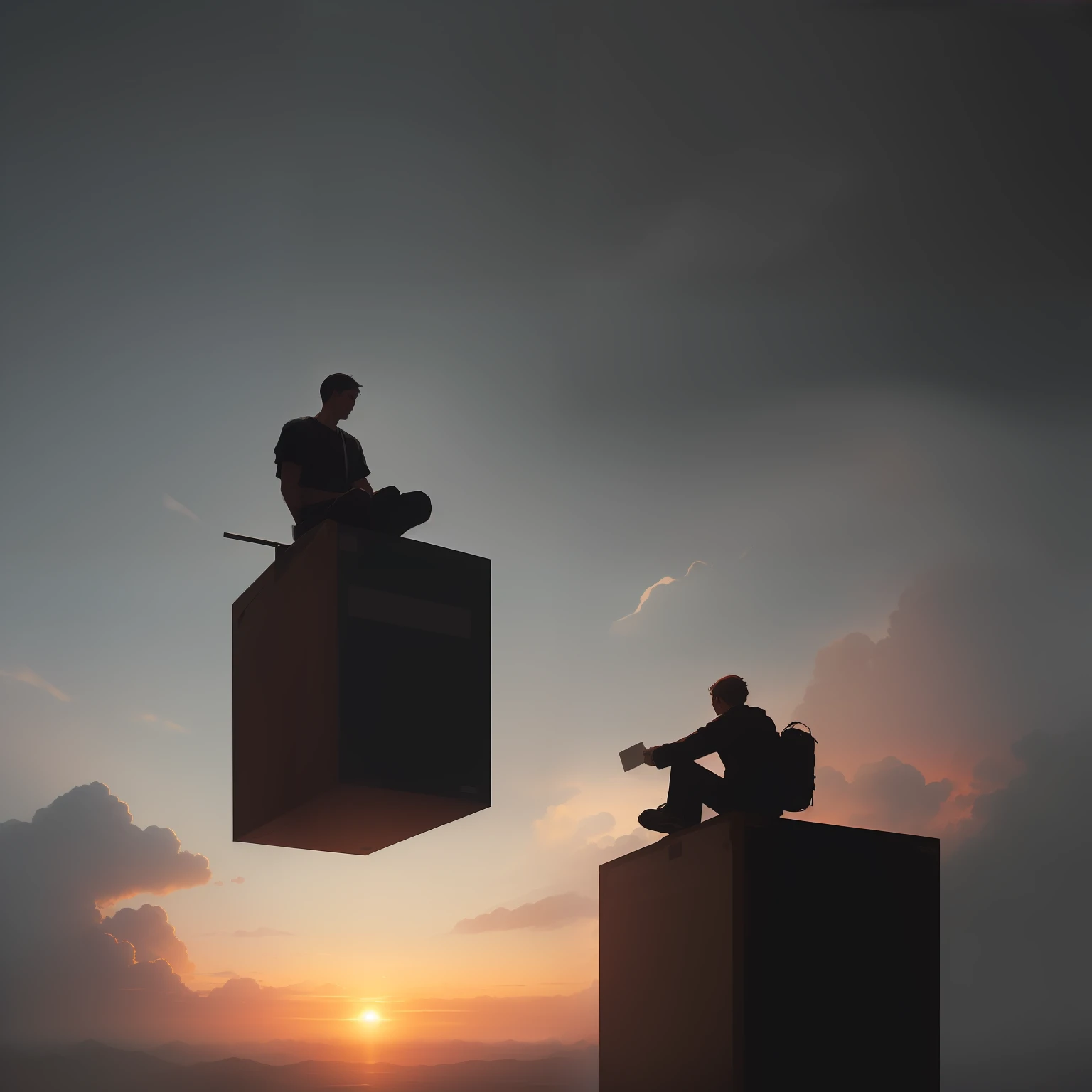 A thinking man sitting on a cloud on top of a box watching the sunrise over it, hyperreal, dark tone color scheme, beautiful detailed, 1 6 k wallpaper, lots of concept art, HD, high quality art in the style of Greg Rutkowski, Ilya Kuvshinov and Wlop