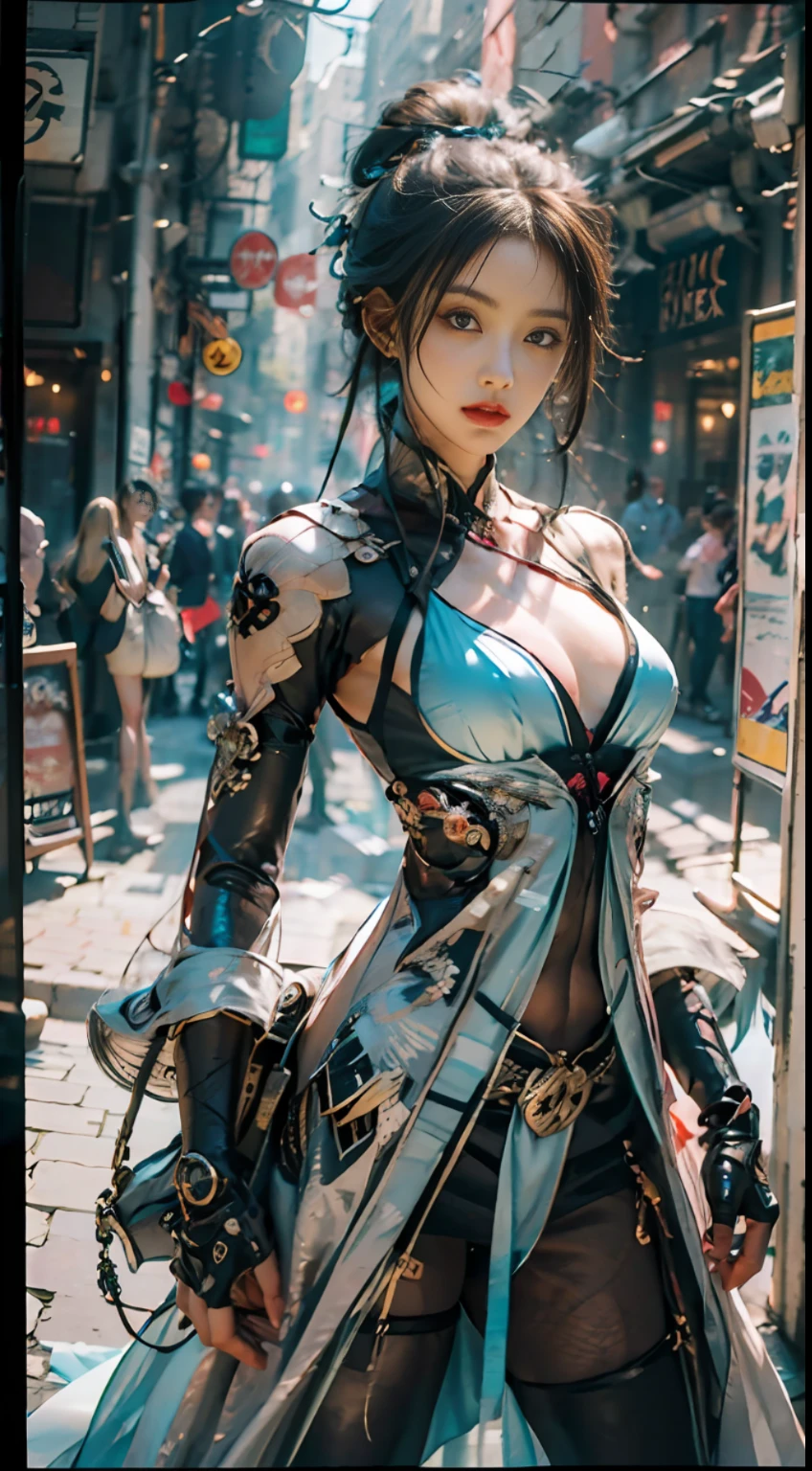 A girl, Dressed in gorgeous cyan Hanfu, Headwear, Stand in the center of the picture, In the background is a cyberpunk wall surrounded by mechanical dragons in a circular circle, Futurism, Conceptual art, chiaroscuro, reflection light, blending, character chart, first-person view, panorama, fisheye, caustics, UHD, masterpiece, ccurate, textured skin, super detail, high details, high quality, highres, 8k