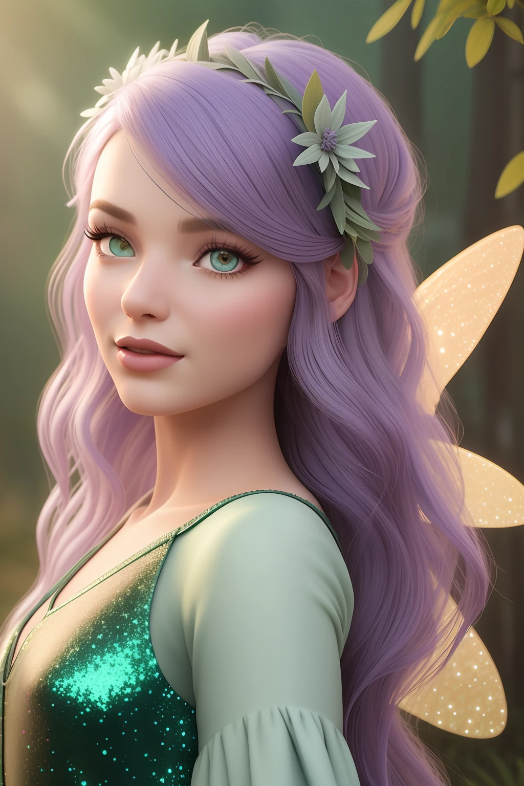 a pixar render disney style fairy girl with big glittery wings, posing, with lavender and sage hair, in the style of realistic fantasy artwork, shiny glistening eyes, fairy academia, light lavender and sage, 32k uhd, editorial illustrations, close-up, in a Hidden Village In the fairy forest